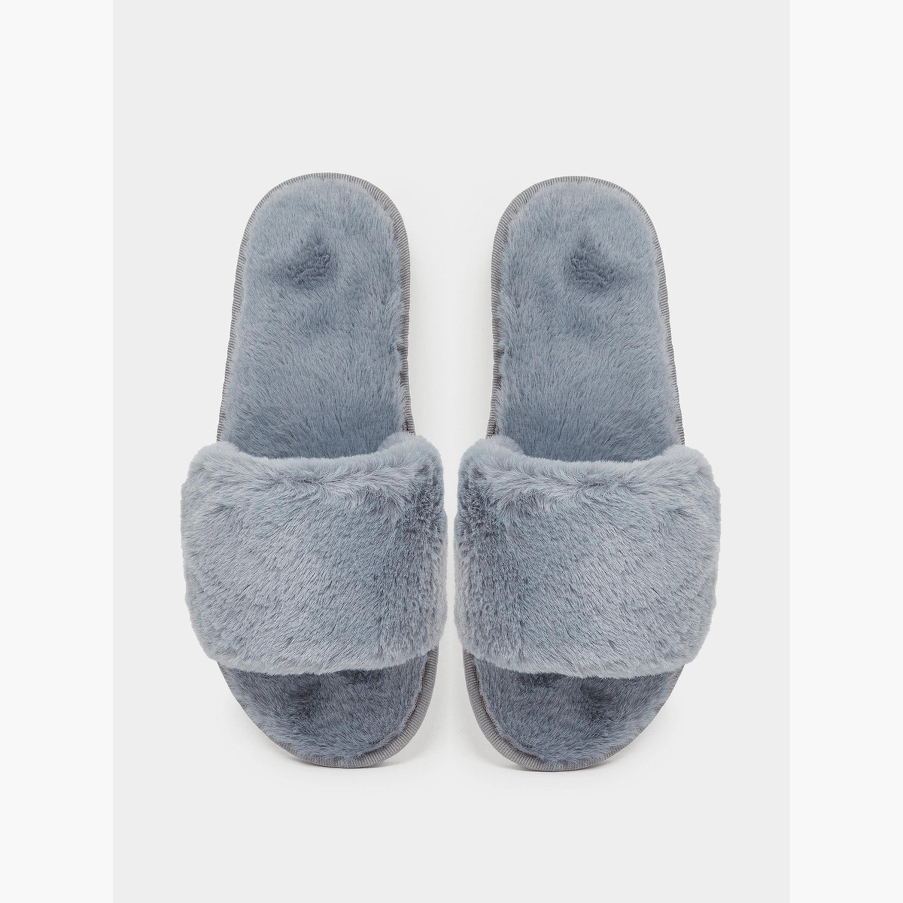 Styli Grey Plush Faux Fur Bedroom Slippers-women-shoes-flats-slides-image-3