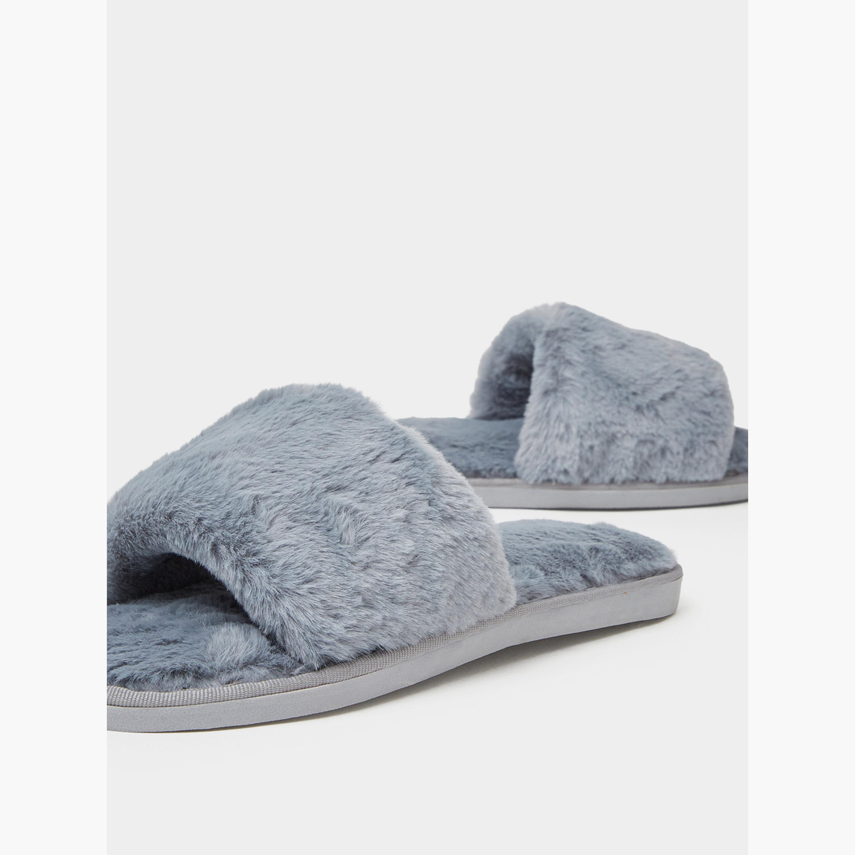 Styli Grey Plush Faux Fur Bedroom Slippers-women-shoes-flats-slides-image-4