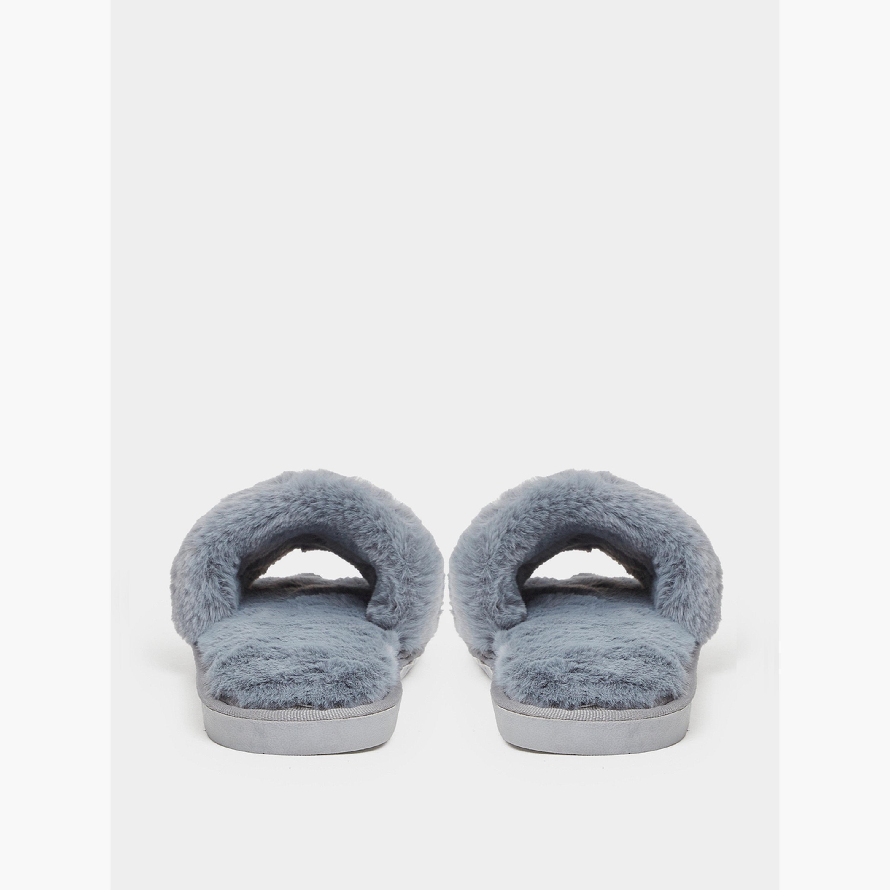 Styli Grey Plush Faux Fur Bedroom Slippers-women-shoes-flats-slides-image-5