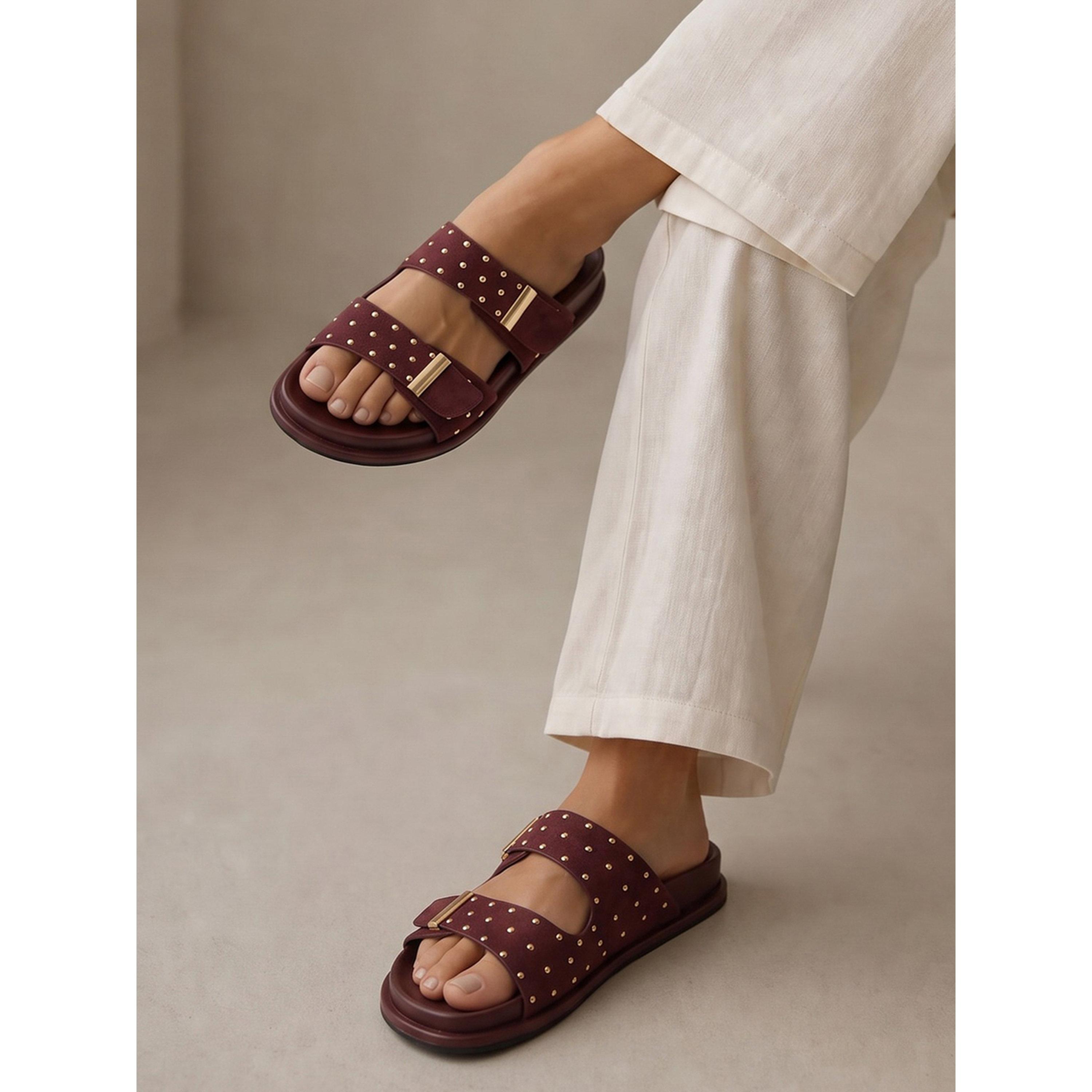 Styli Burgundy Studded Flat Comfort Sandals-women-shoes-sandals-flats-image-2