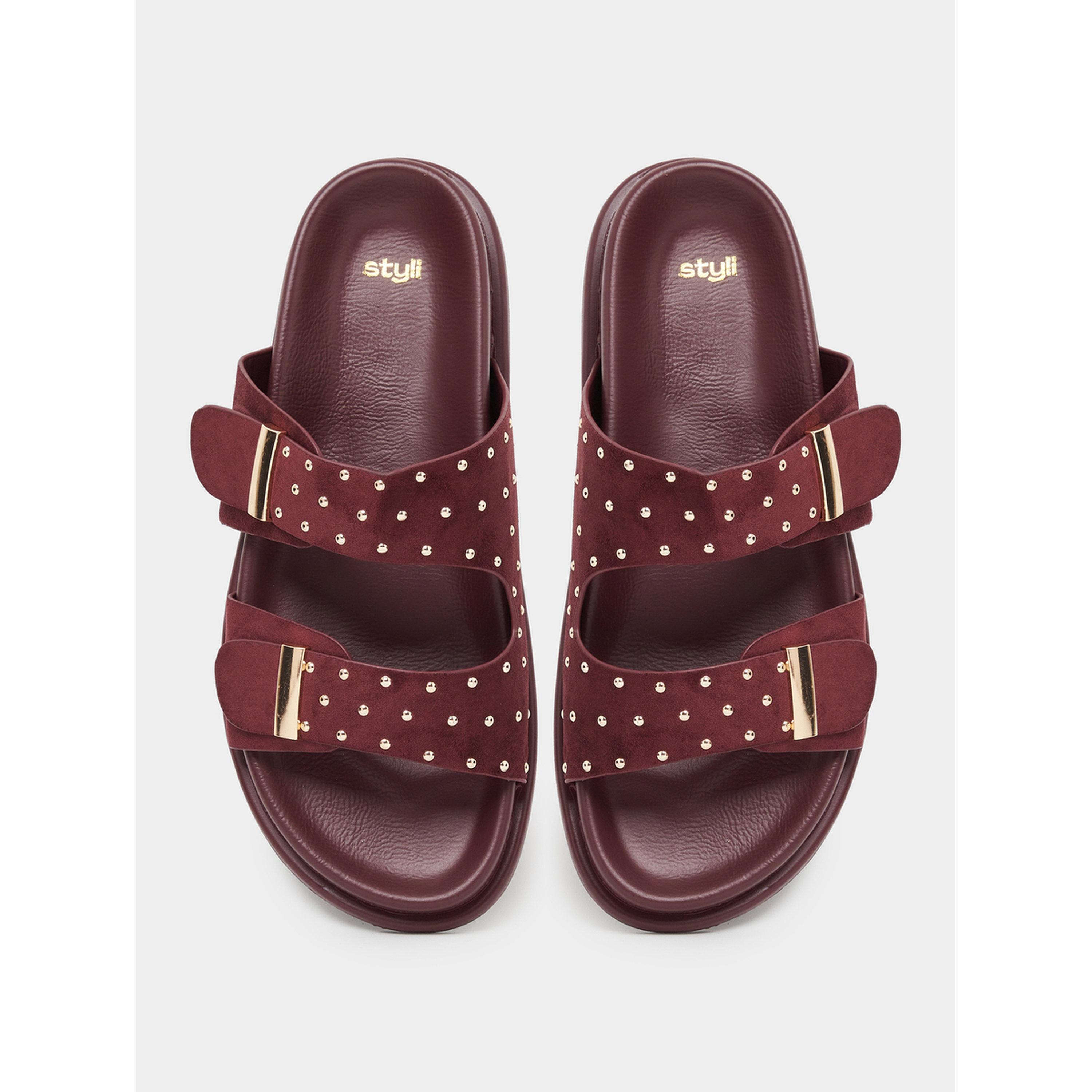 Styli Burgundy Studded Flat Comfort Sandals-women-shoes-sandals-flats-image-4