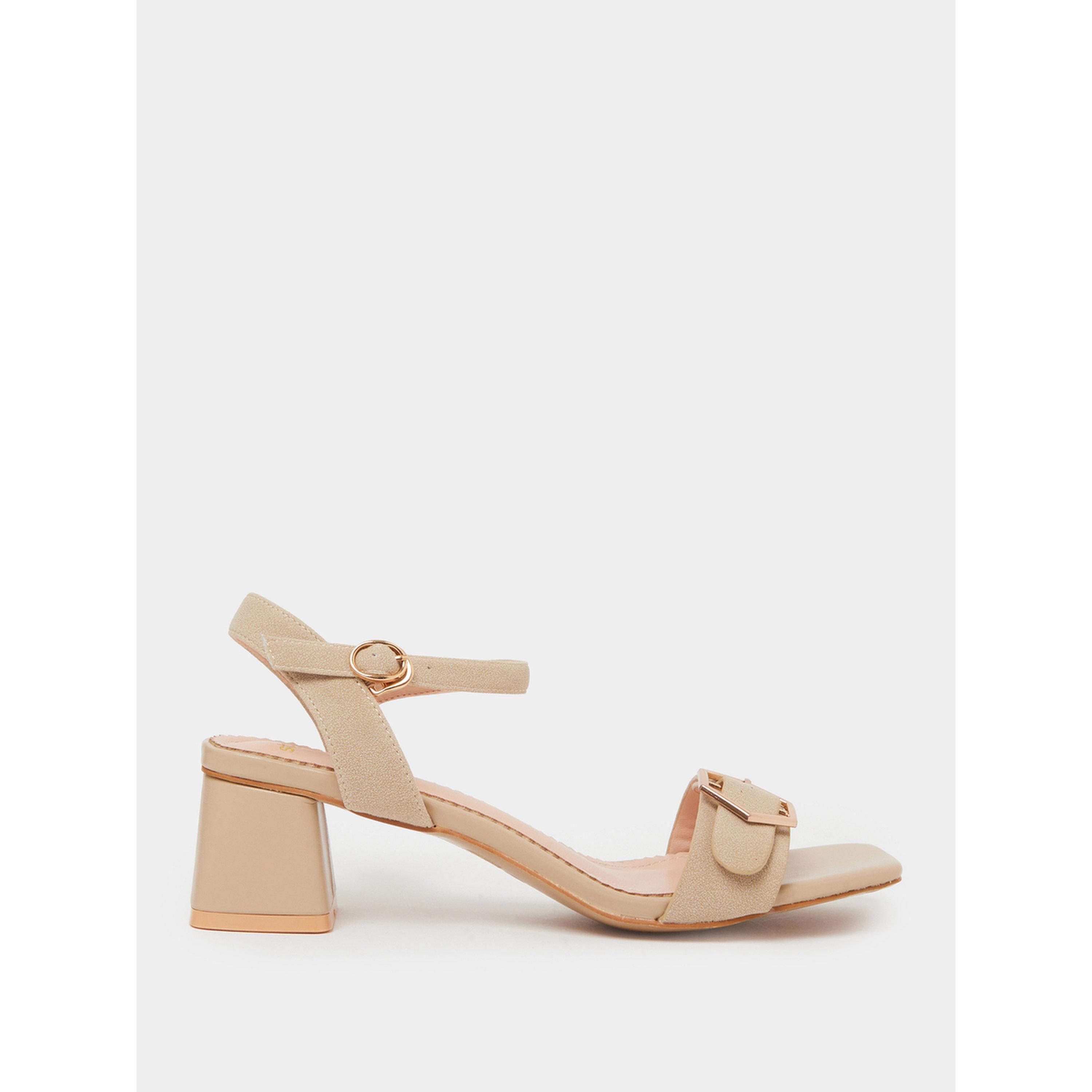 Styli Beige Mid Block Heel Buckle Details Sandals-women-shoes-sandals-heeled-image-3