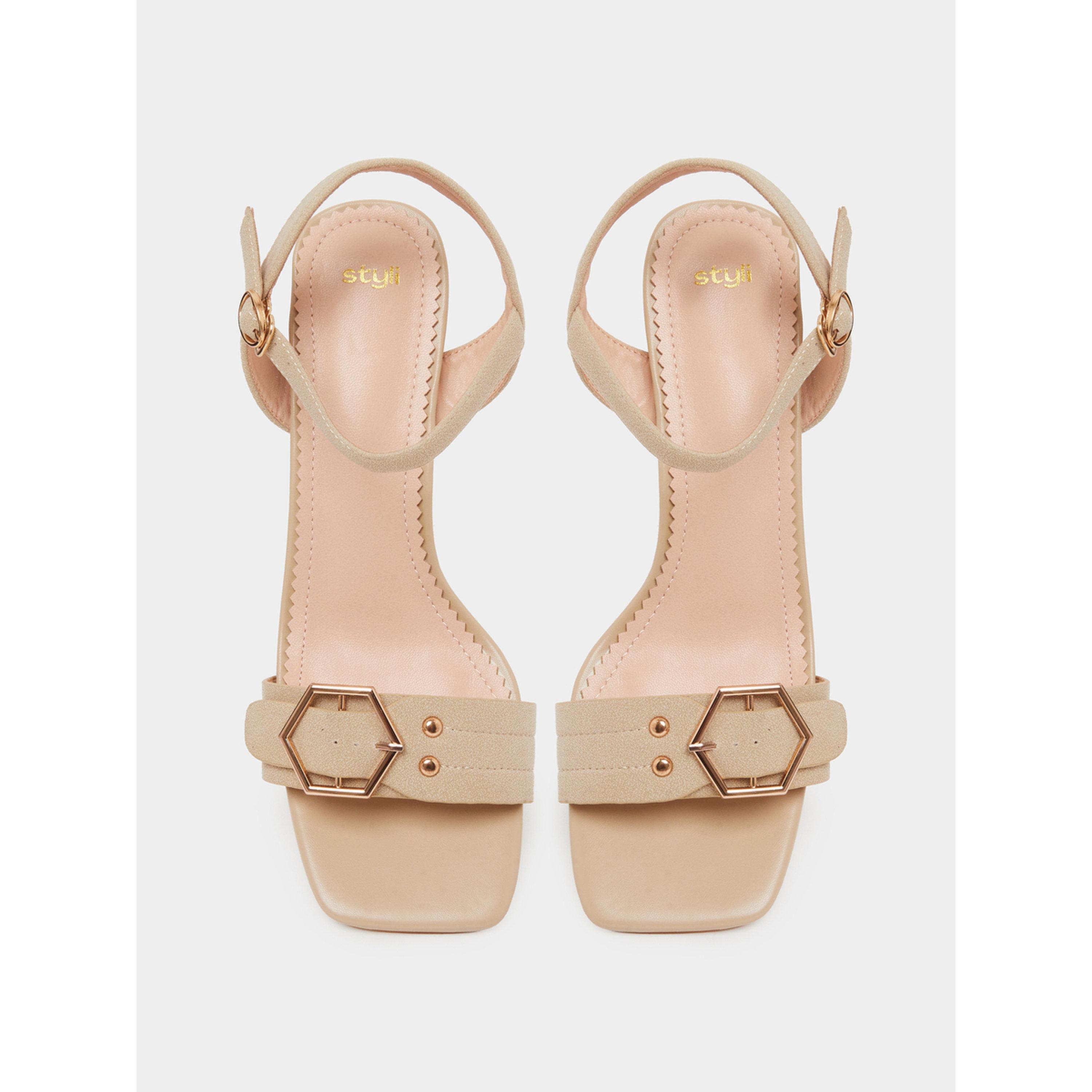 Styli Beige Mid Block Heel Buckle Details Sandals-women-shoes-sandals-heeled-image-4