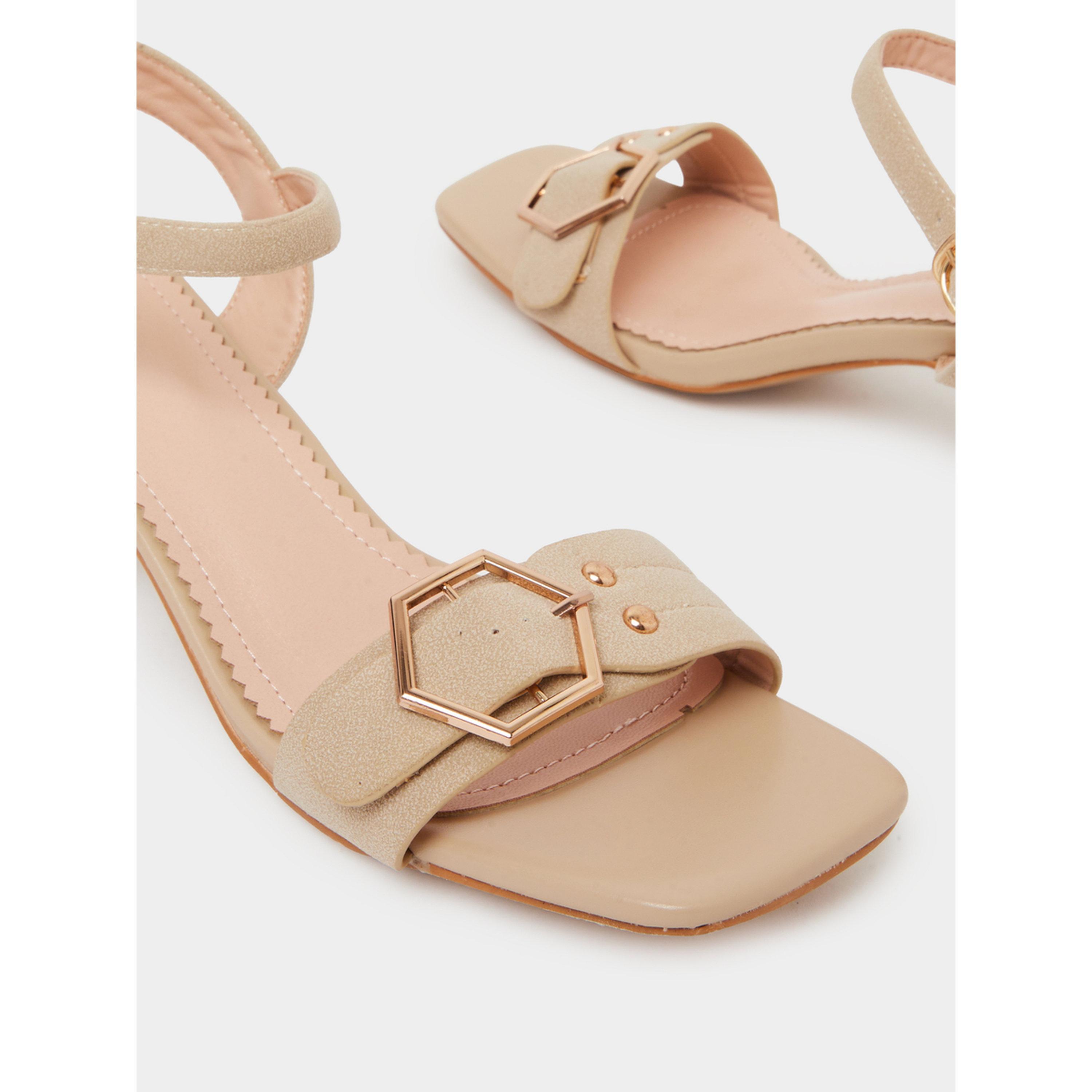 Styli Beige Mid Block Heel Buckle Details Sandals-women-shoes-sandals-heeled-image-5