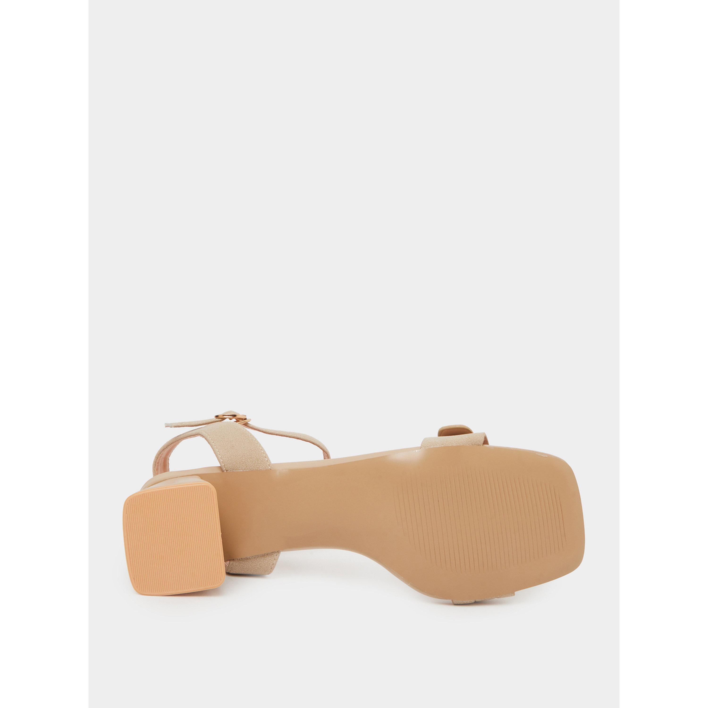 Styli Beige Mid Block Heel Buckle Details Sandals-women-shoes-sandals-heeled-image-7