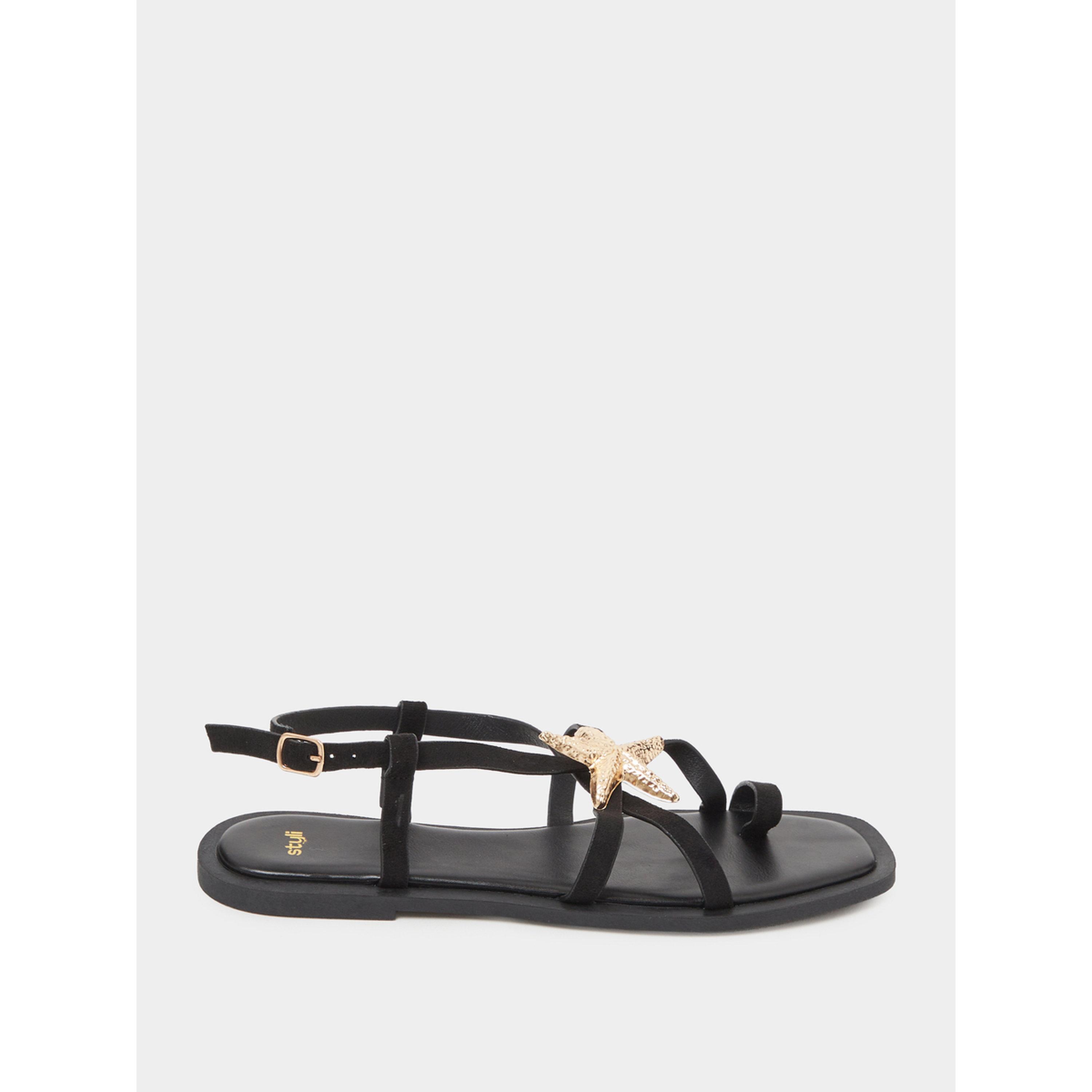صندل فلات مزين بنجم البحر باللون الأسود-women-shoes-sandals-flats-image-3