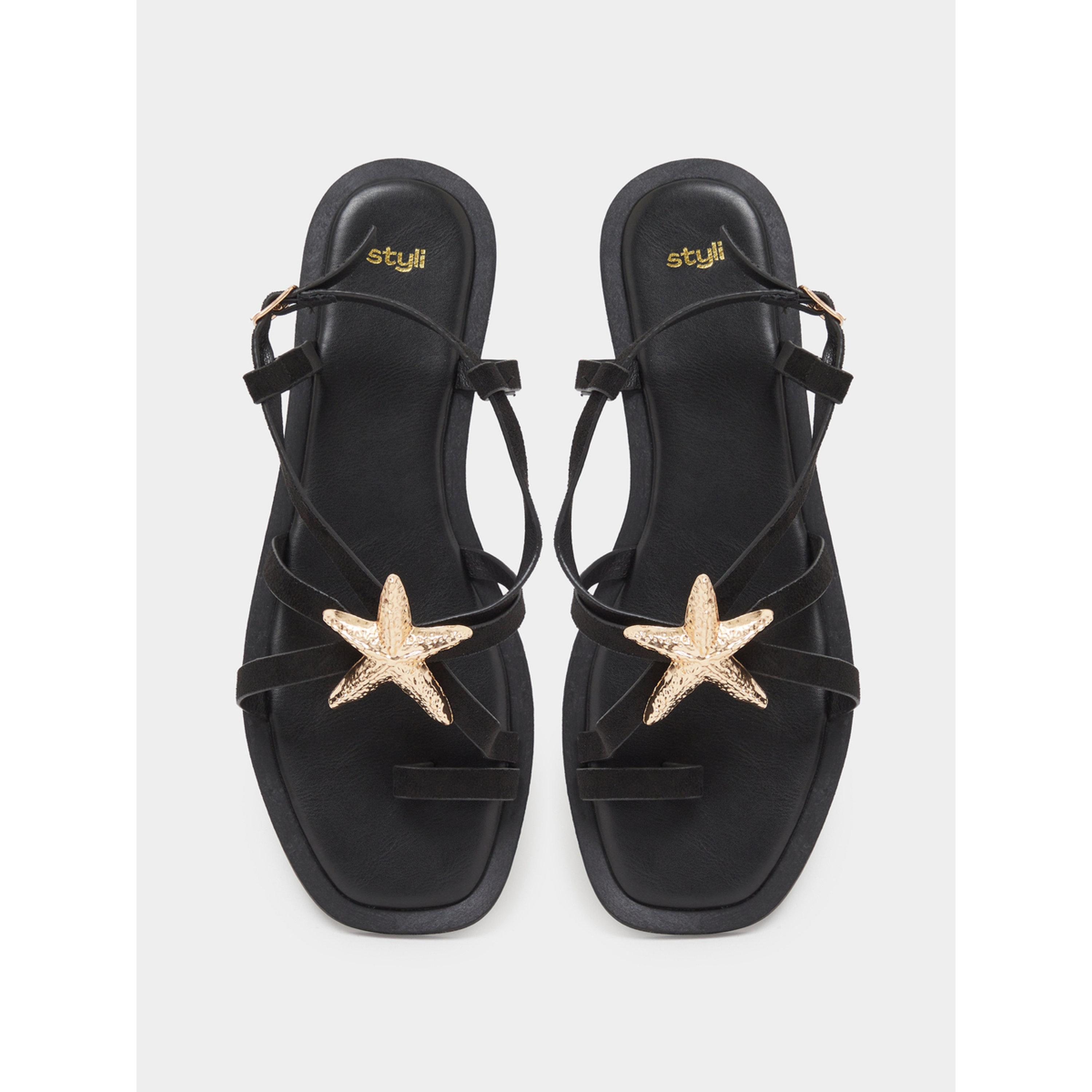صندل فلات مزين بنجم البحر باللون الأسود-women-shoes-sandals-flats-image-4