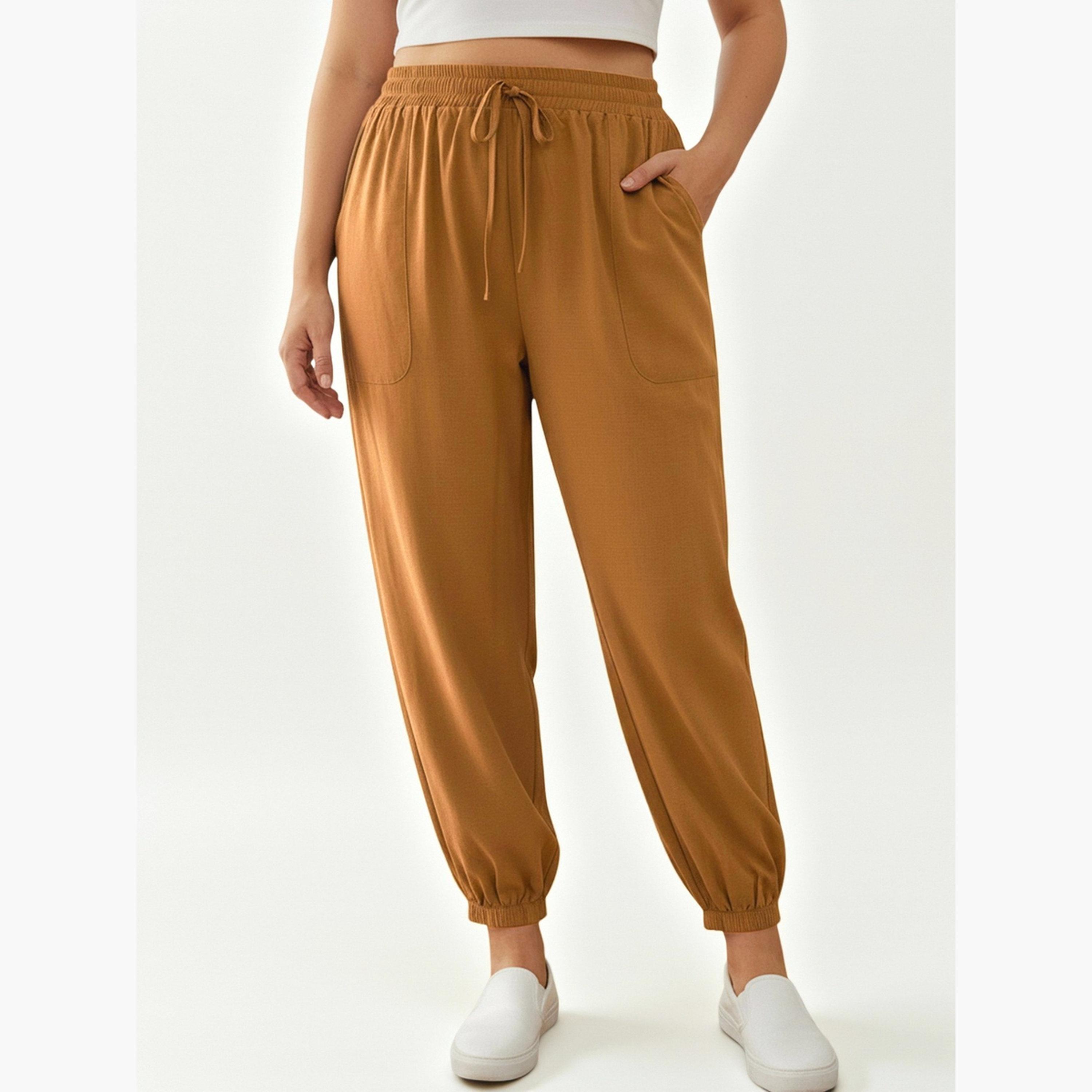 Take Two Plus Size Brown Drawstring Jogger Trousers-women-clothing-plussize-joggers-image-1