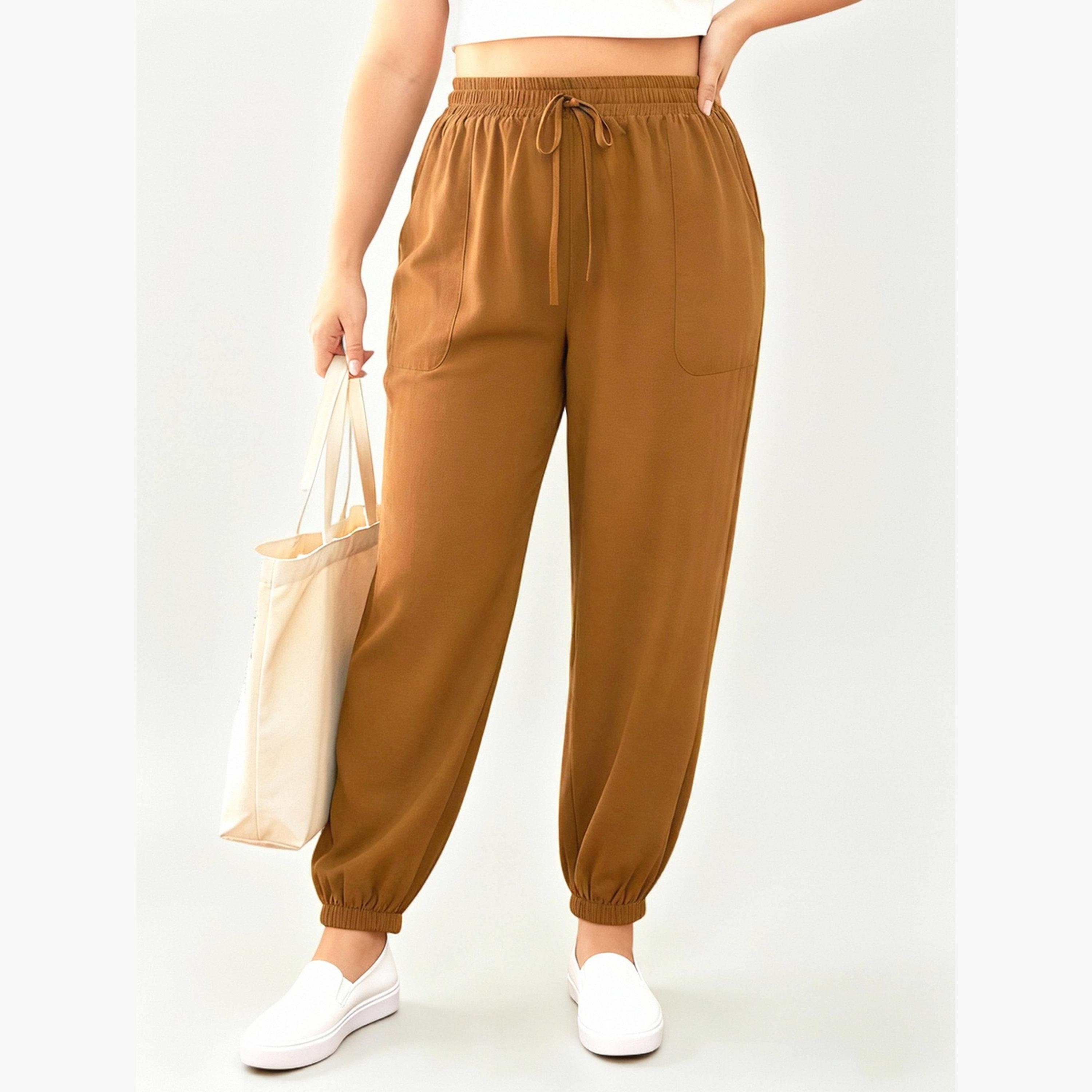 Take Two Plus Size Brown Drawstring Jogger Trousers-women-clothing-plussize-joggers-image-2