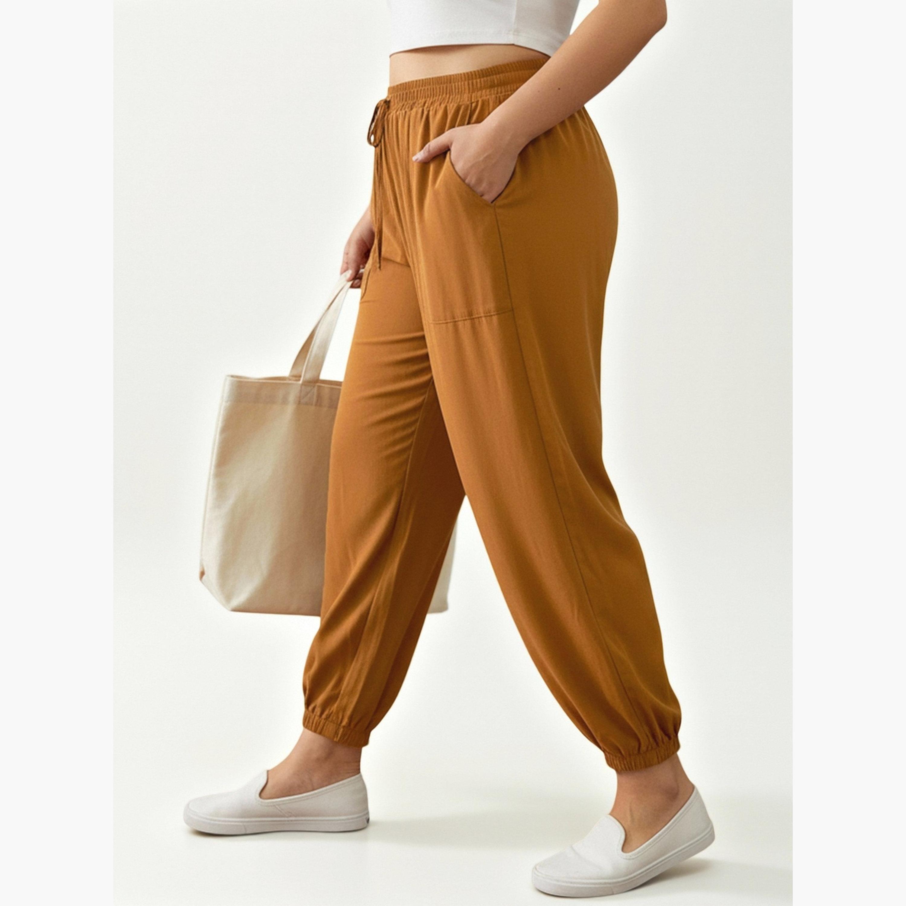 Take Two Plus Size Brown Drawstring Jogger Trousers-women-clothing-plussize-joggers-image-3