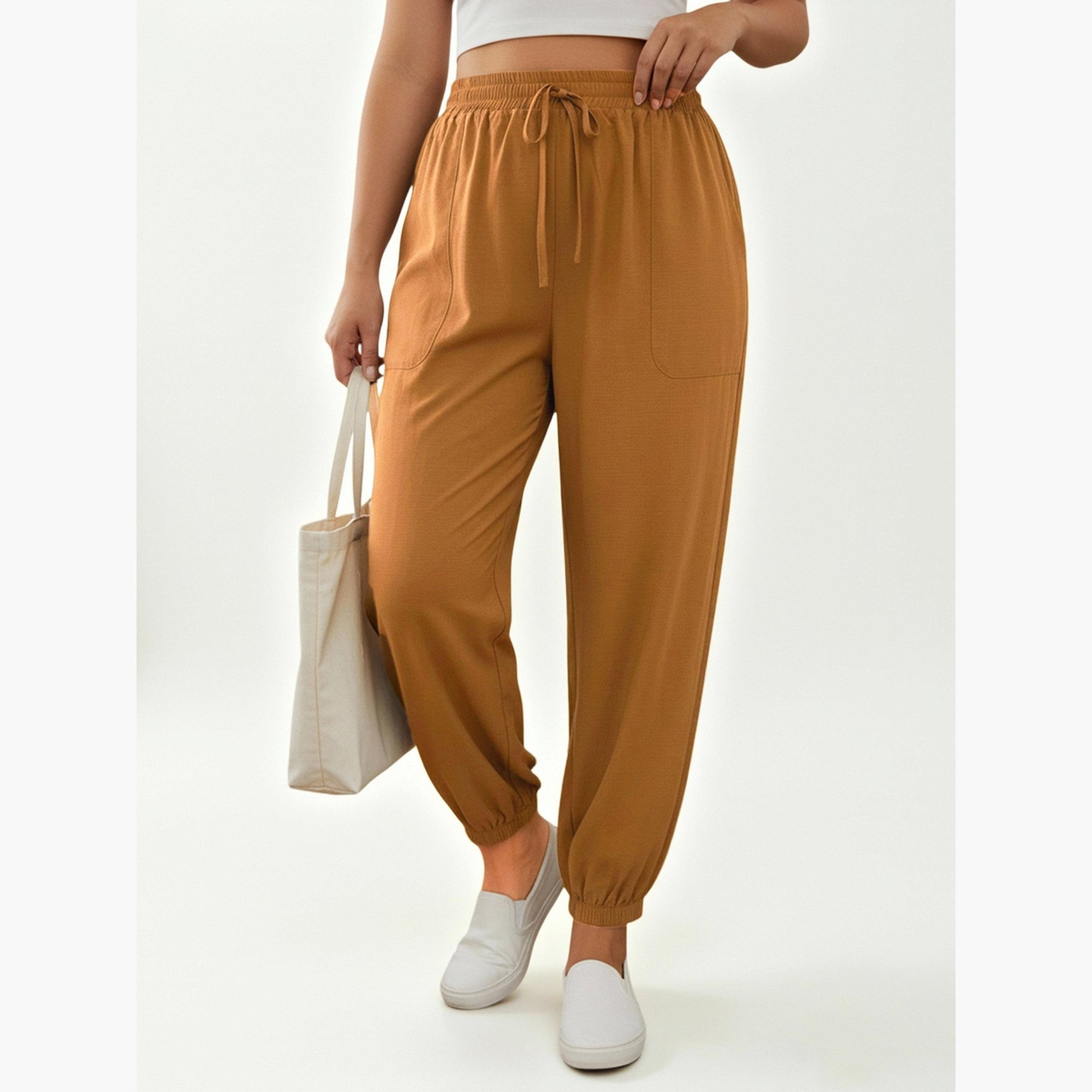 Take Two Plus Size Brown Drawstring Jogger Trousers-women-clothing-plussize-joggers-image-5