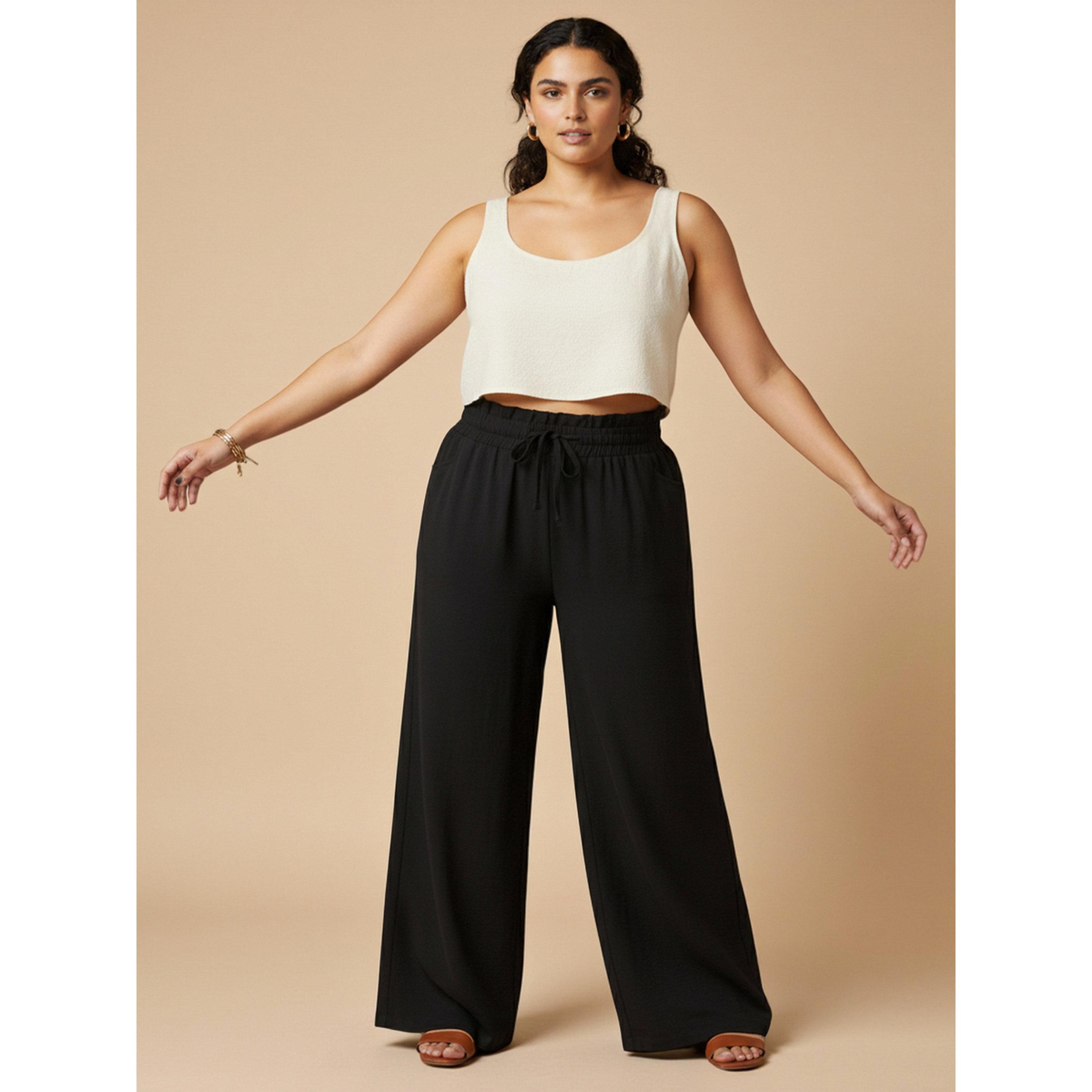 بنطال مقاس كبير بأرجل واسعة ورباط خصر باللون الأسود-women-clothing-joggers-image-2