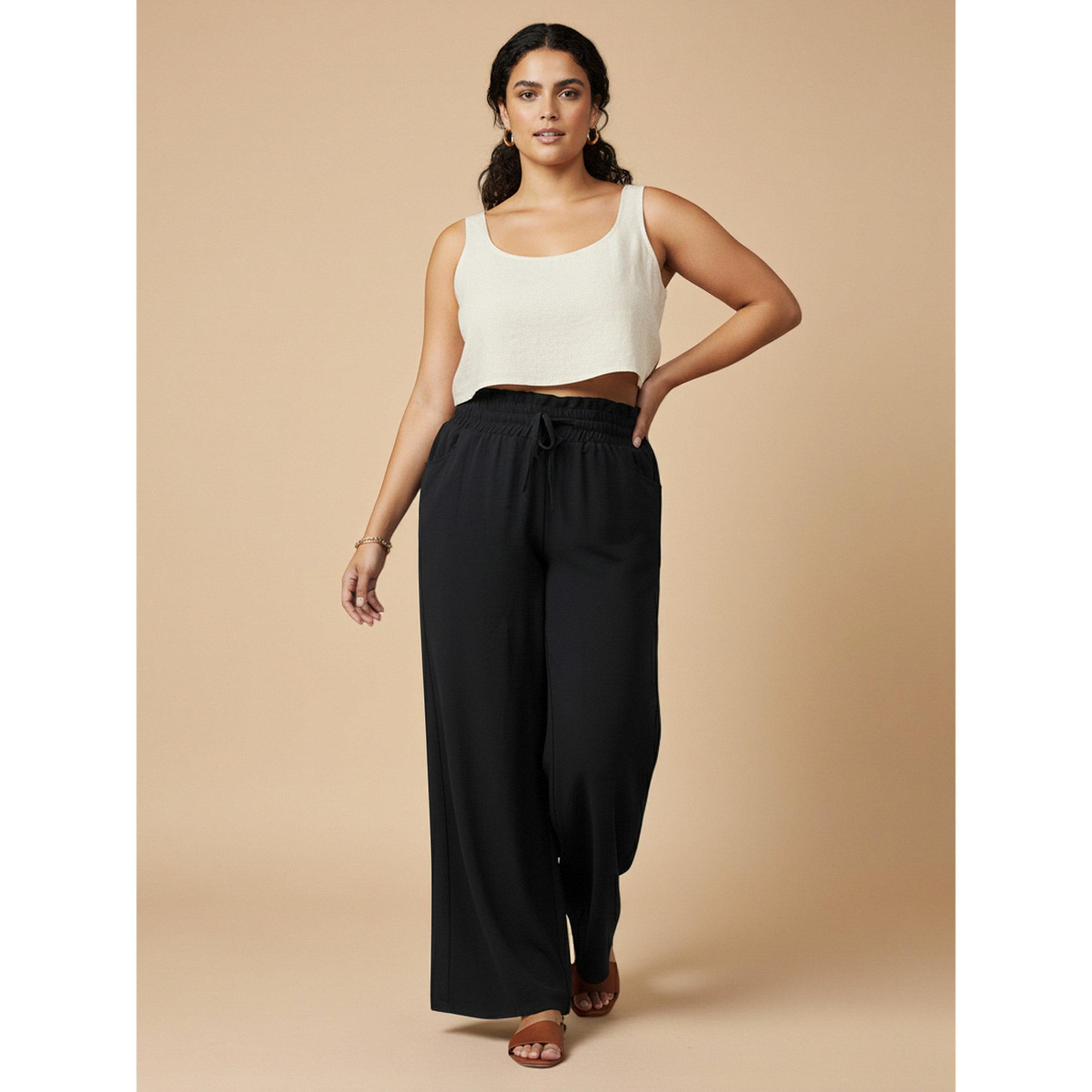 بنطال مقاس كبير بأرجل واسعة ورباط خصر باللون الأسود-women-clothing-joggers-image-4