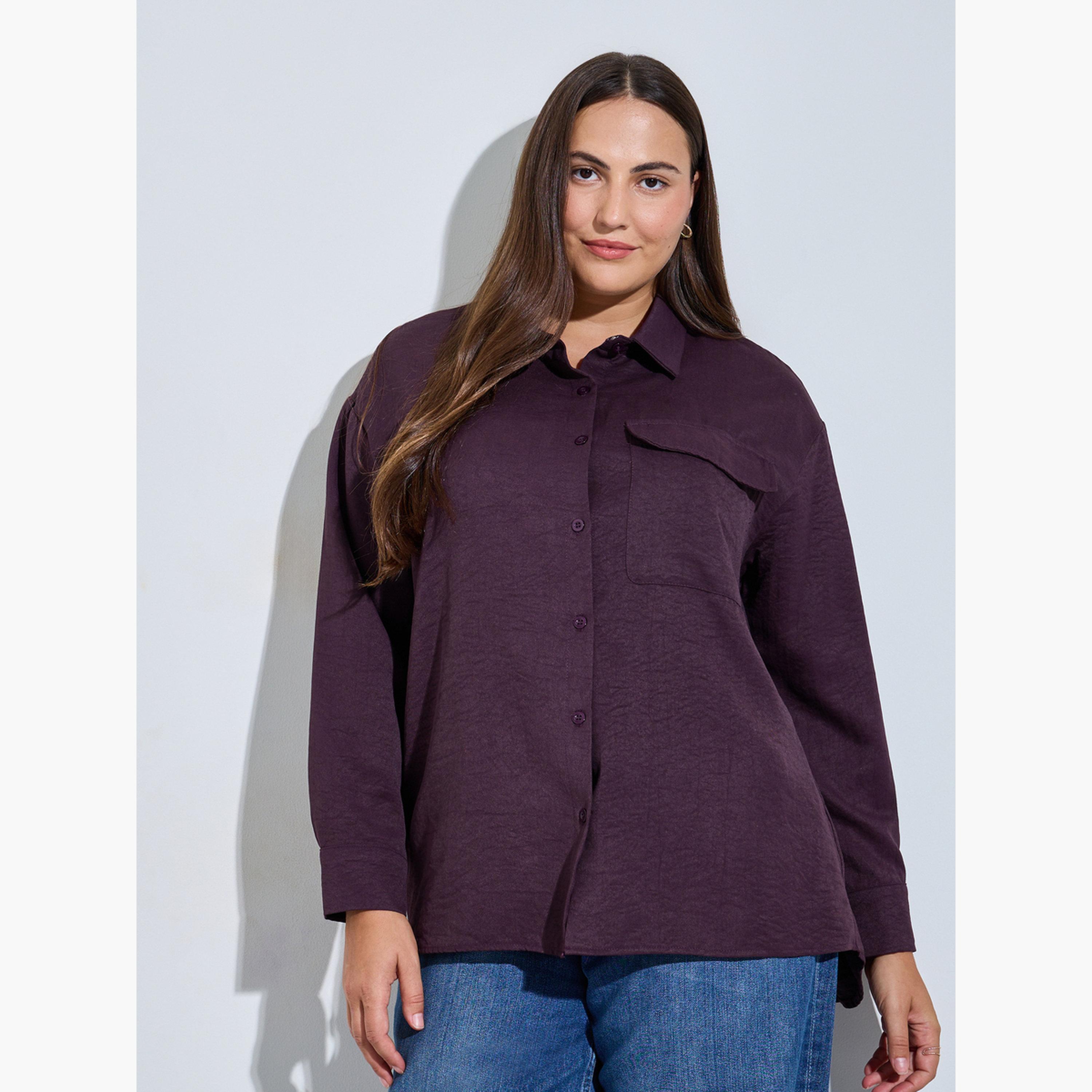 بلوزة بمقاس كبير وتفاصيل جيب بملمس بارز-women-clothing-shirtsandblouses-shirts-image-1