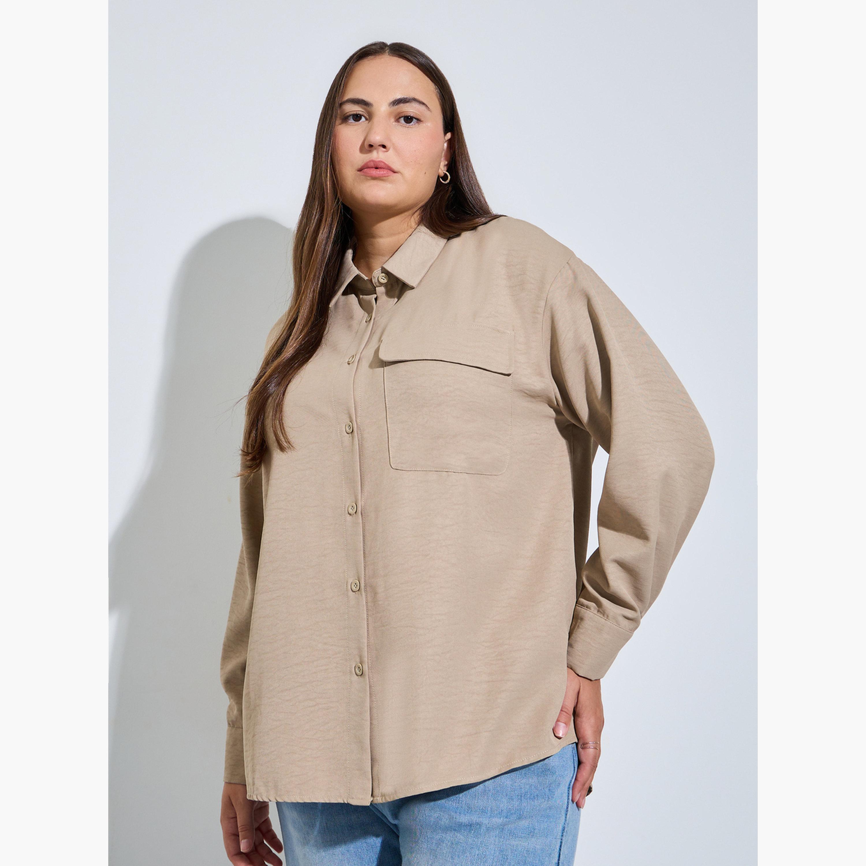 بلوزة بمقاس كبير وتفاصيل جيب بملمس بارز-women-clothing-shirtsandblouses-shirts-image-1