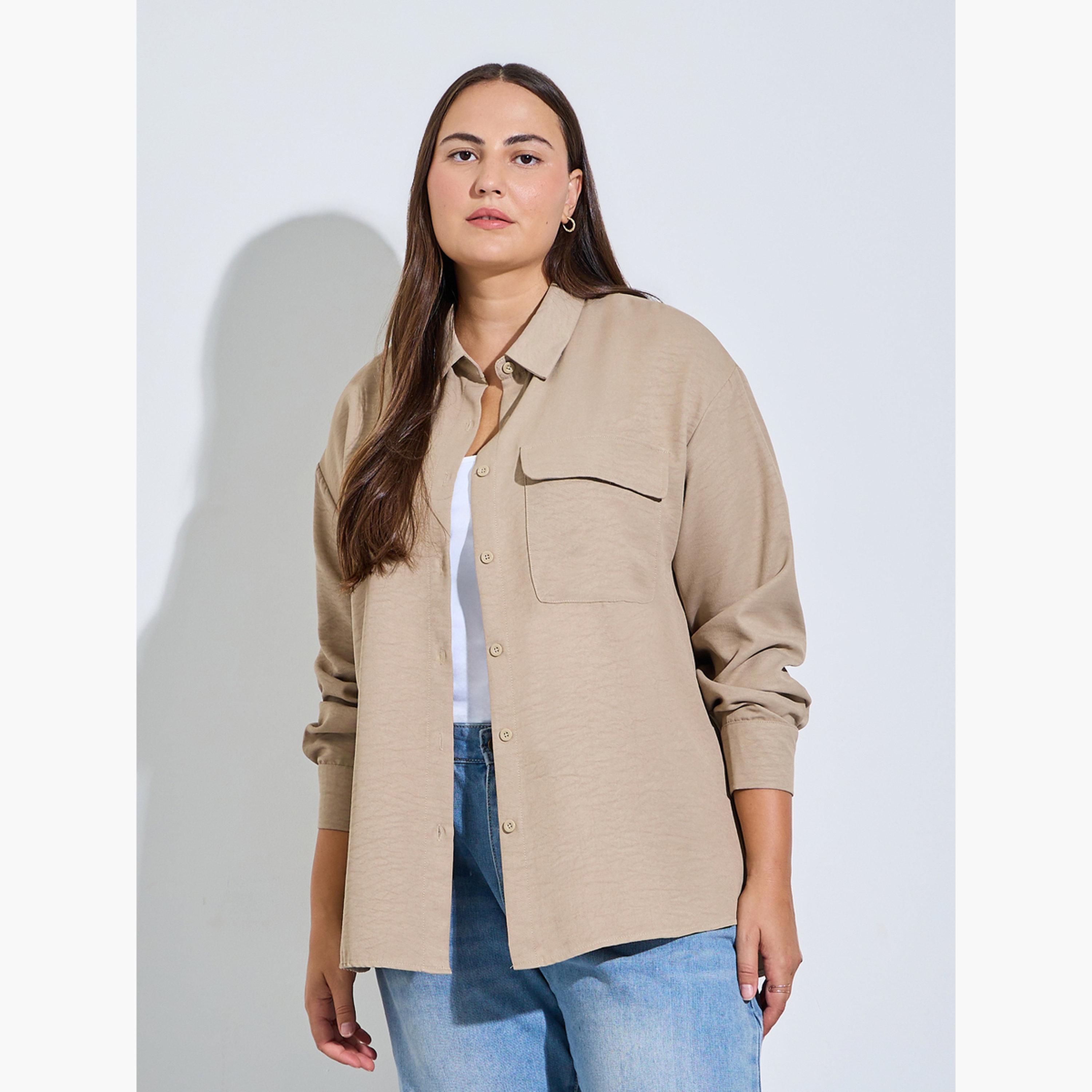 بلوزة بمقاس كبير وتفاصيل جيب بملمس بارز-women-clothing-shirtsandblouses-shirts-image-3