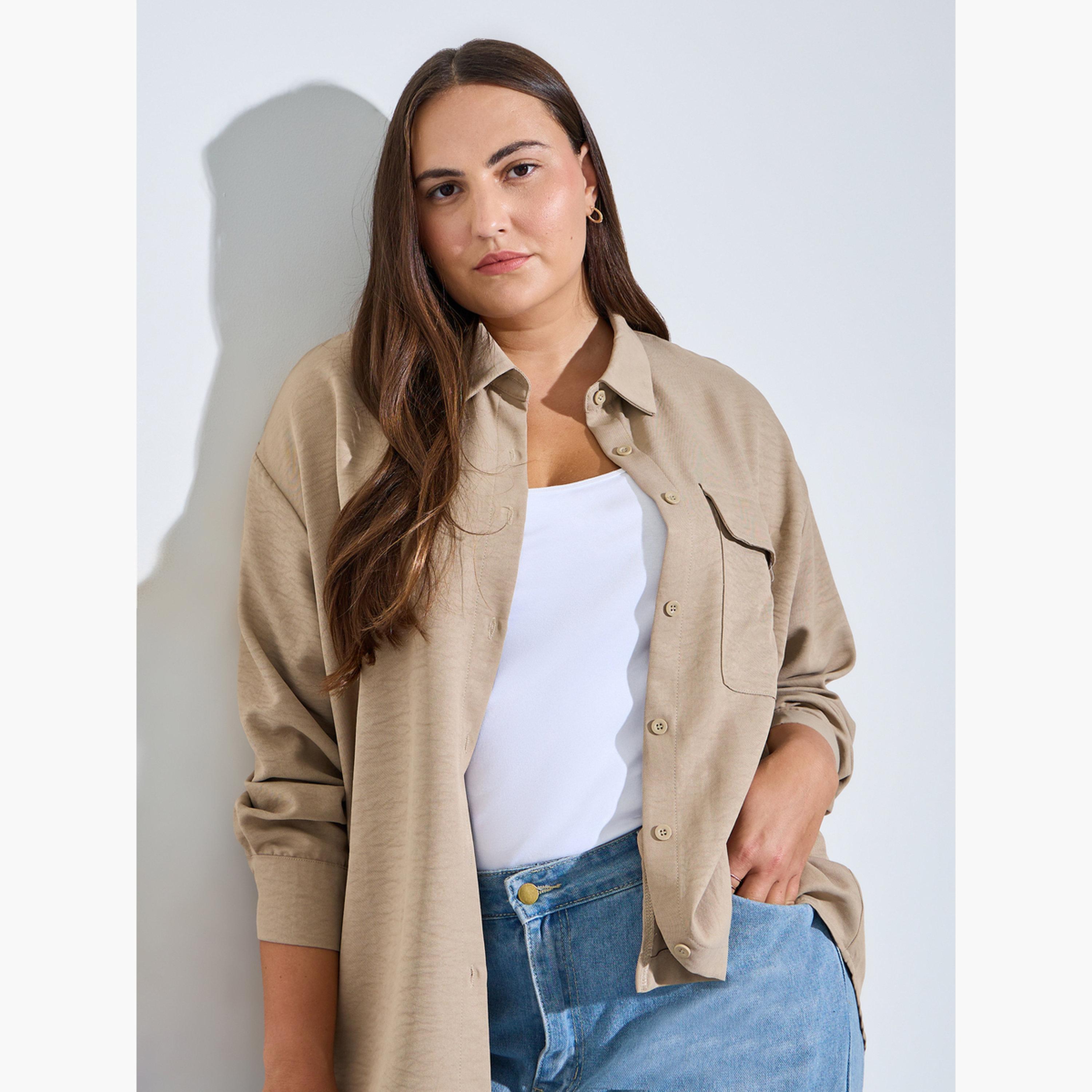 بلوزة بمقاس كبير وتفاصيل جيب بملمس بارز-women-clothing-shirtsandblouses-shirts-image-4