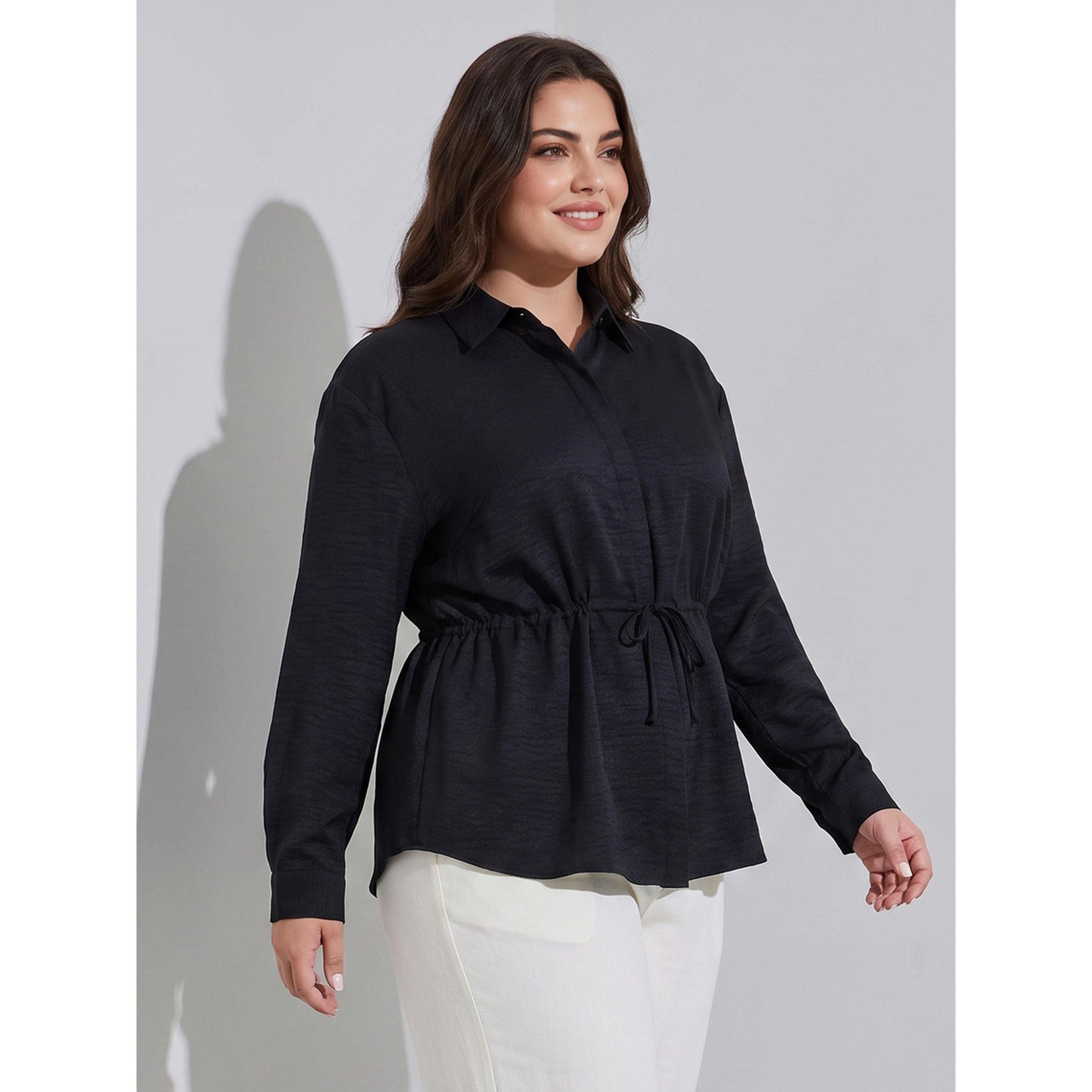 ستايلي - قميص  مقاس كبير أسود سادة رباط عند الخصر-women-clothing-plussize-shirtsandblouses-blouses-image-1
