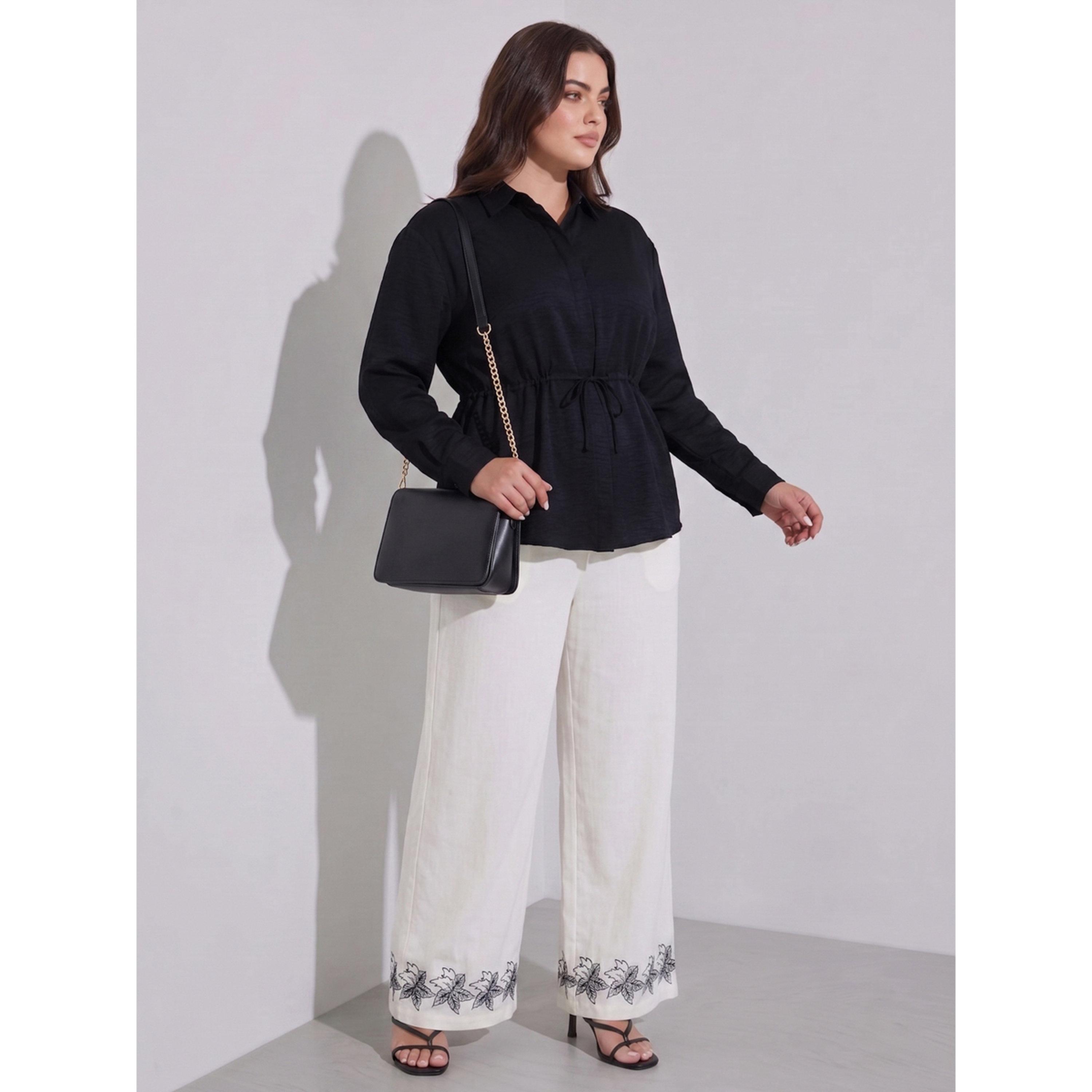 ستايلي - قميص  مقاس كبير أسود سادة رباط عند الخصر-women-clothing-plussize-shirtsandblouses-blouses-image-2
