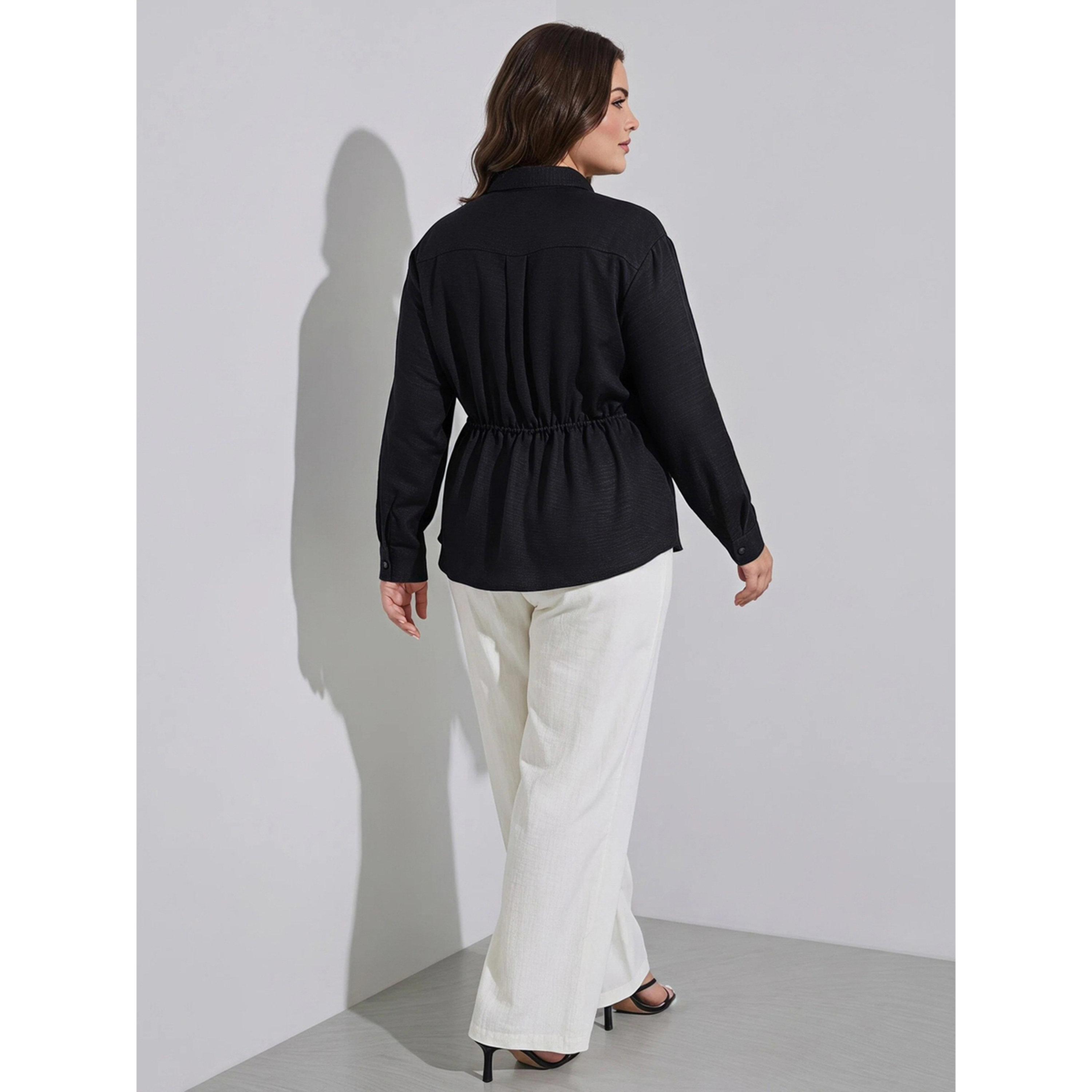 ستايلي - قميص  مقاس كبير أسود سادة رباط عند الخصر-women-clothing-plussize-shirtsandblouses-blouses-image-3