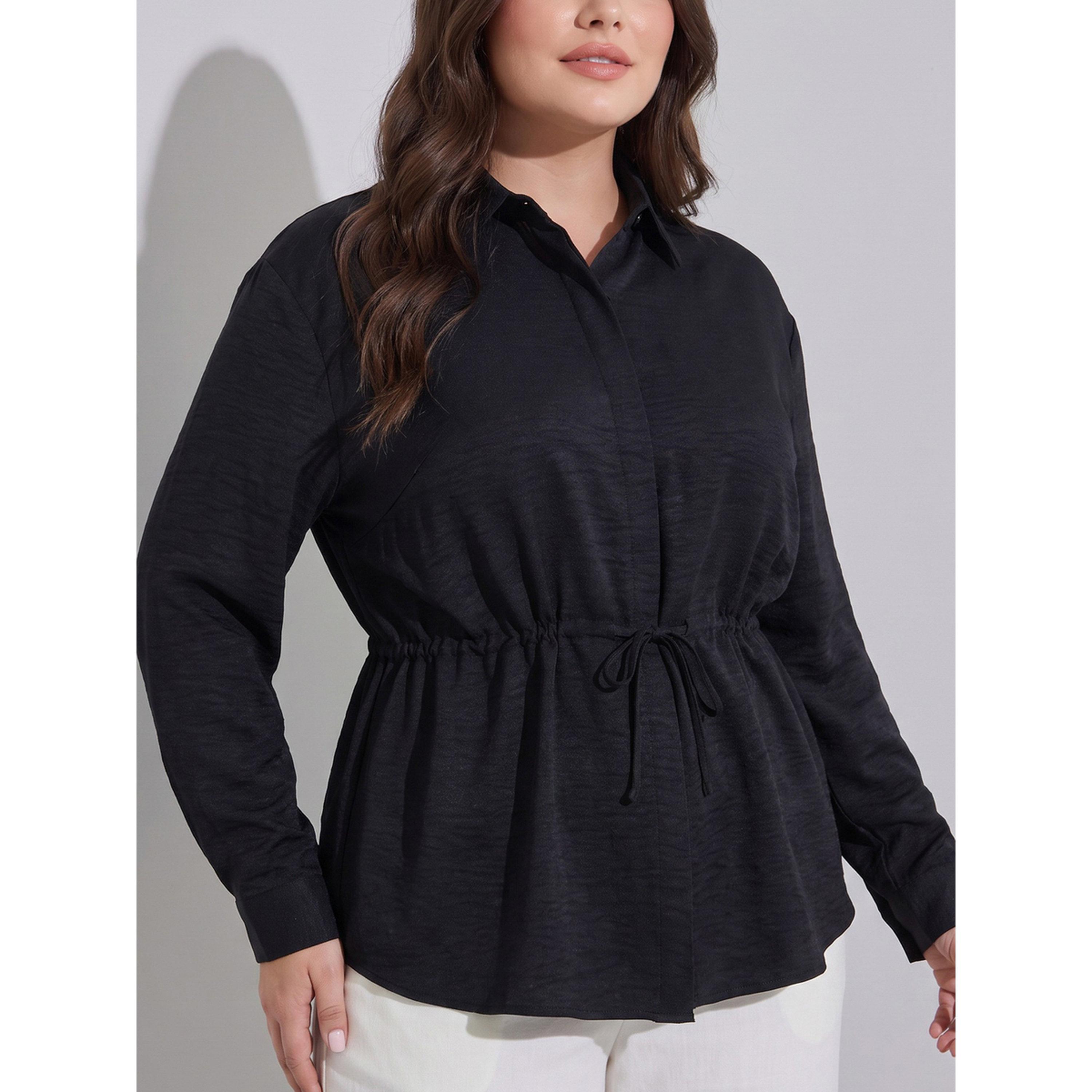 ستايلي - قميص  مقاس كبير أسود سادة رباط عند الخصر-women-clothing-plussize-shirtsandblouses-blouses-image-4