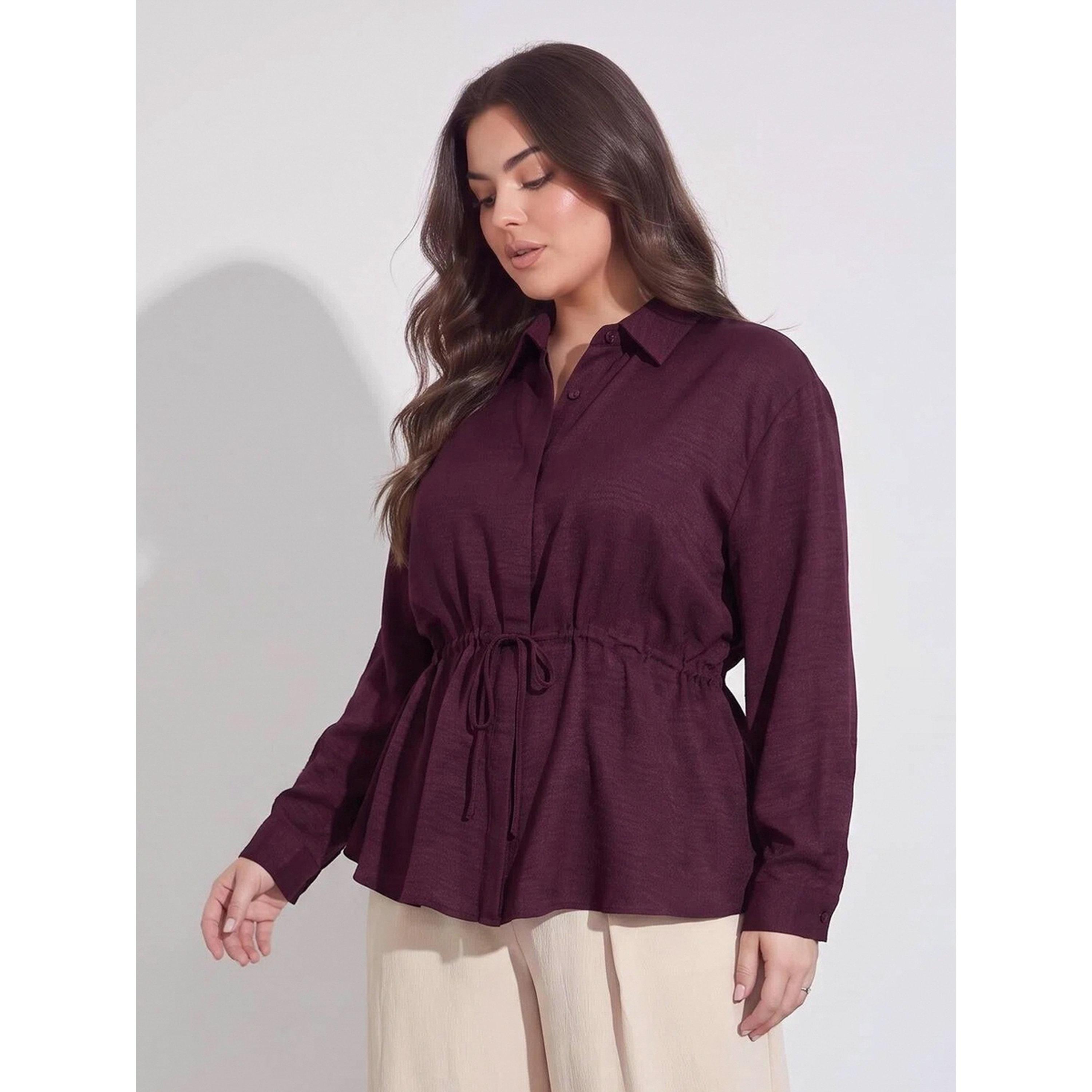 Styli Plus Size Burgundy Solid Tie-Up Waist Shirt-women-clothing-plussize-shirtsandblouses-blouses-image-1