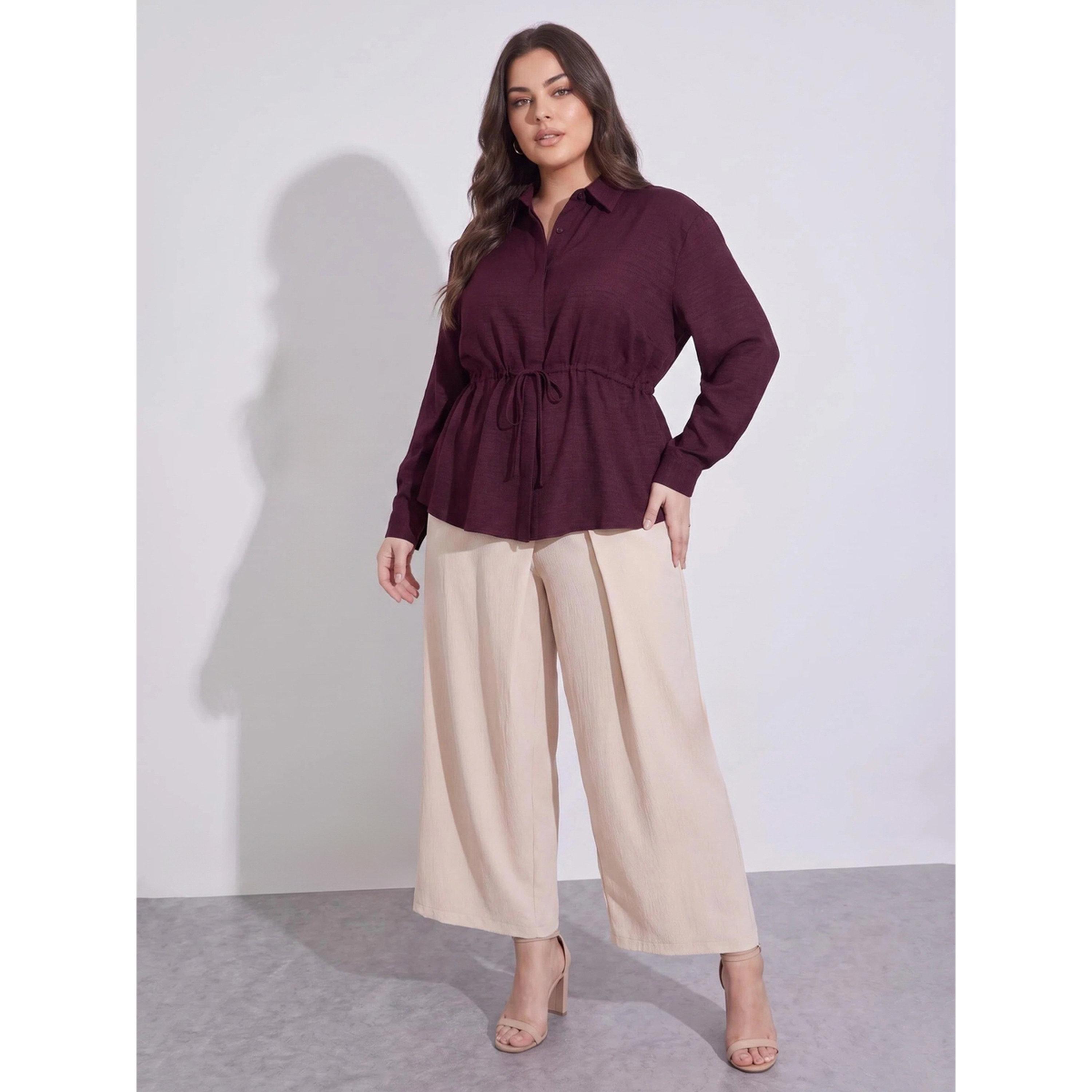 Styli Plus Size Burgundy Solid Tie-Up Waist Shirt-women-clothing-plussize-shirtsandblouses-blouses-image-2