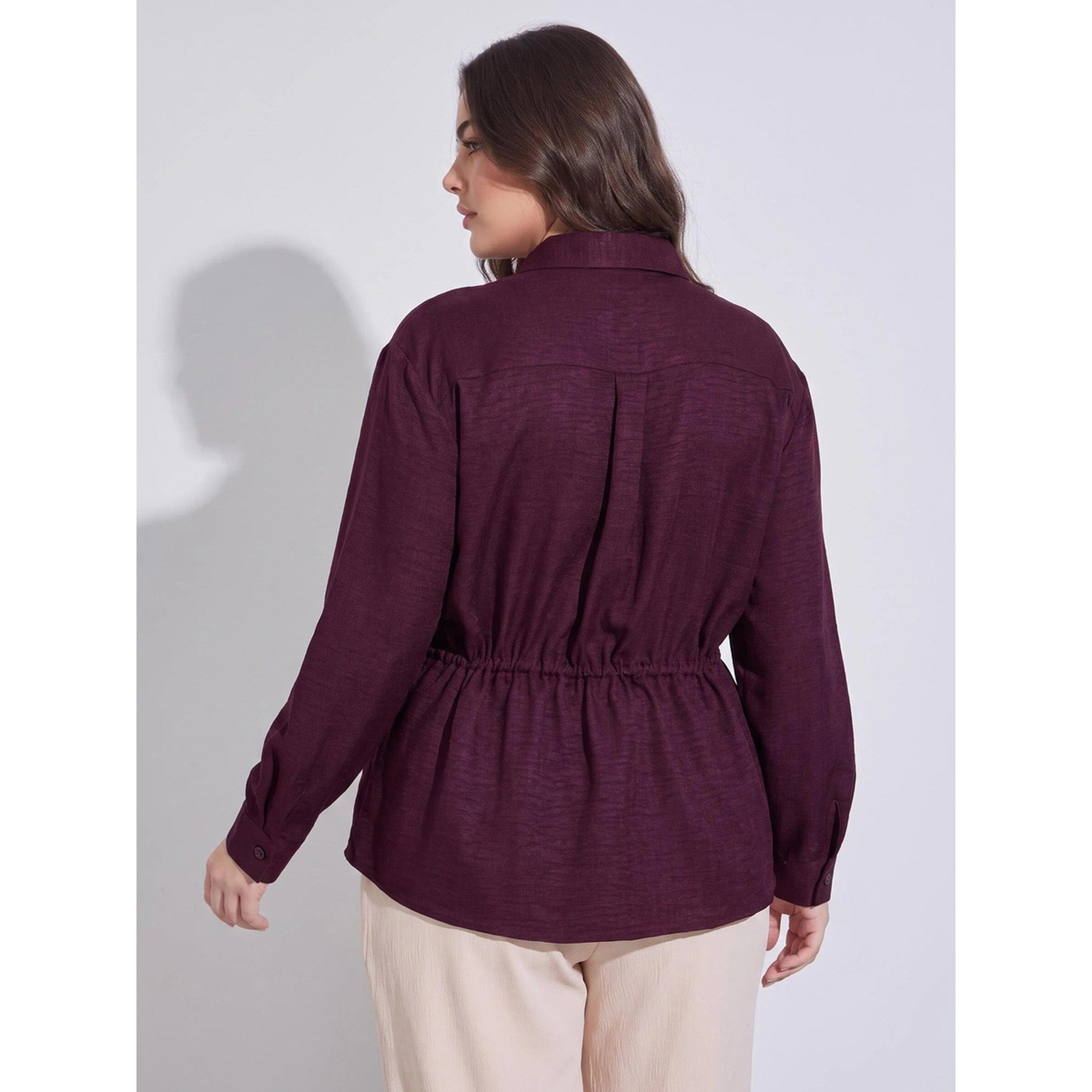 Styli Plus Size Burgundy Solid Tie-Up Waist Shirt-women-clothing-plussize-shirtsandblouses-blouses-image-3