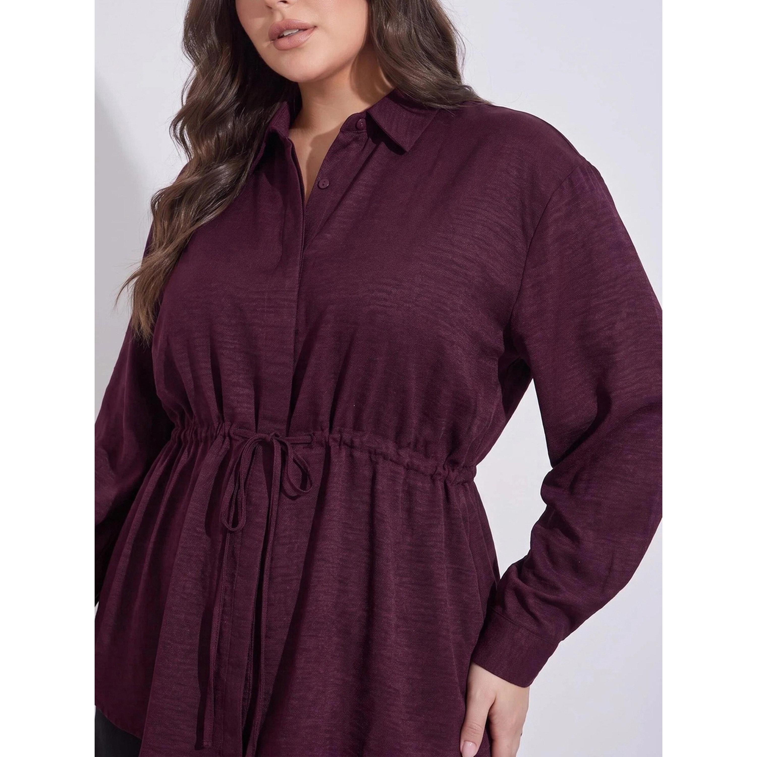 Styli Plus Size Burgundy Solid Tie-Up Waist Shirt-women-clothing-plussize-shirtsandblouses-blouses-image-4