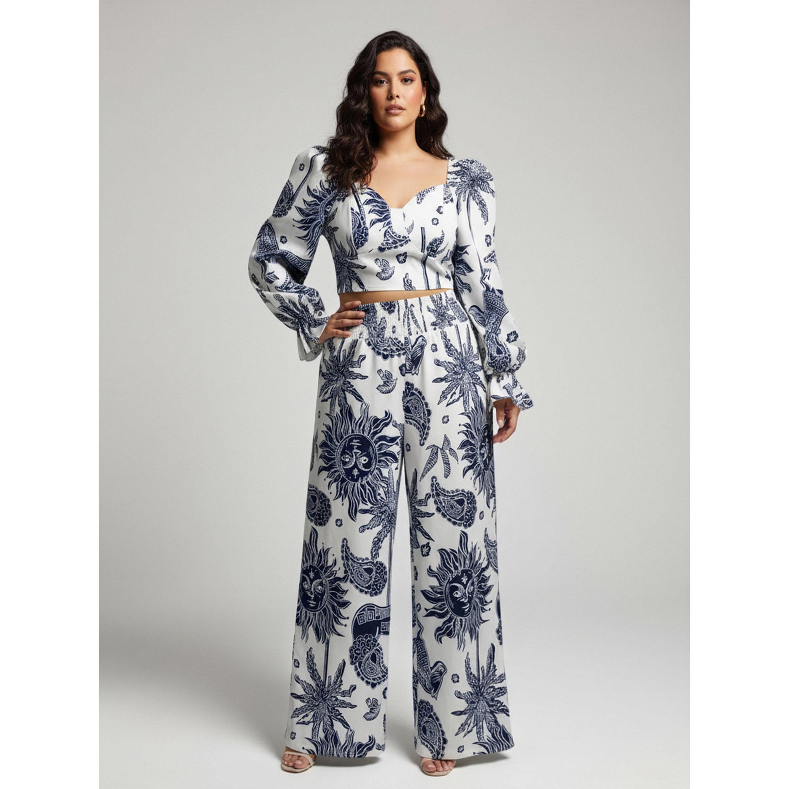طقم من بلوزة قصيرة وطبعة جرافيك وبنطال بأرجل واسعة بمقاس كبير-women-clothing-plussize-coordsets-image-1