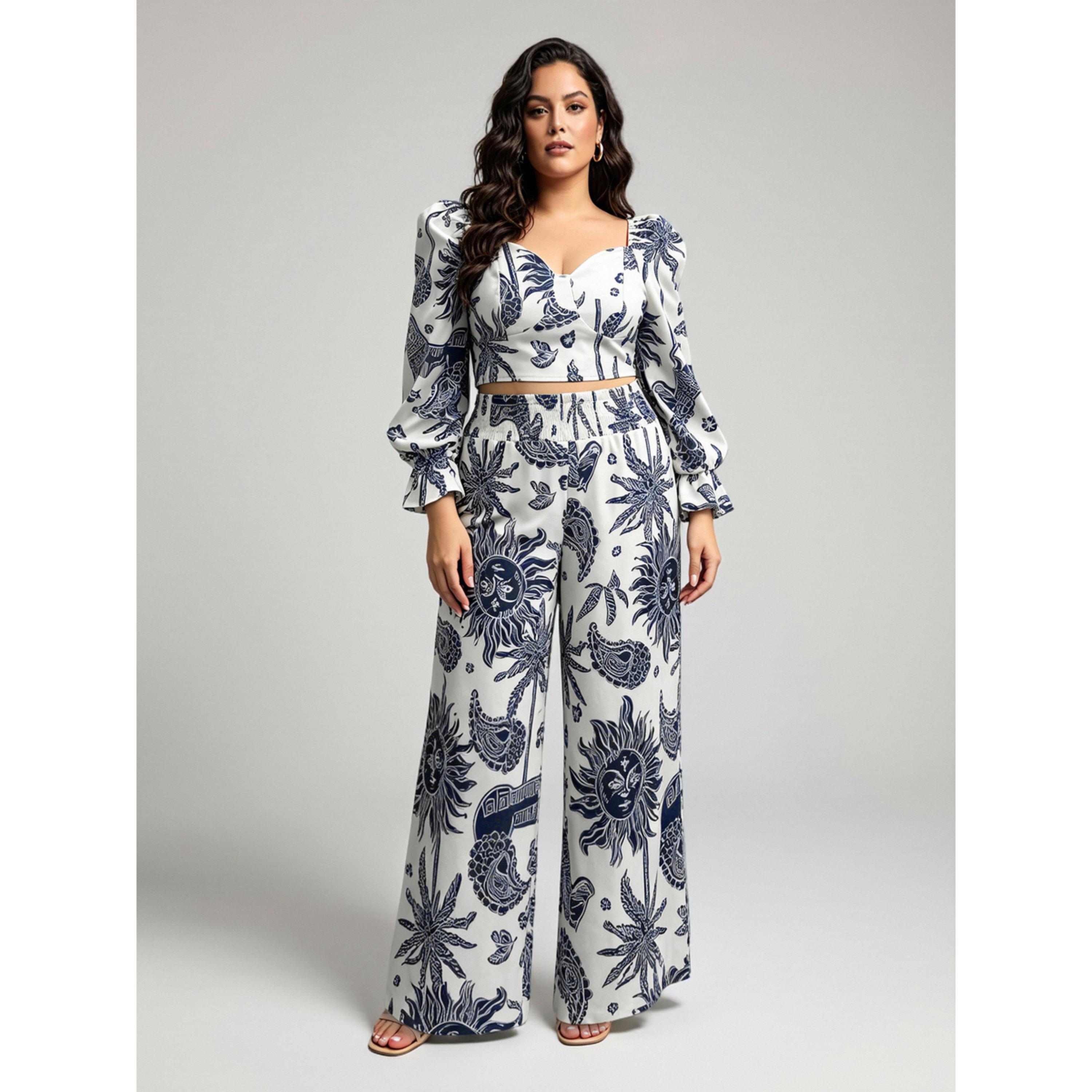 طقم من بلوزة قصيرة وطبعة جرافيك وبنطال بأرجل واسعة بمقاس كبير-women-clothing-plussize-coordsets-image-2