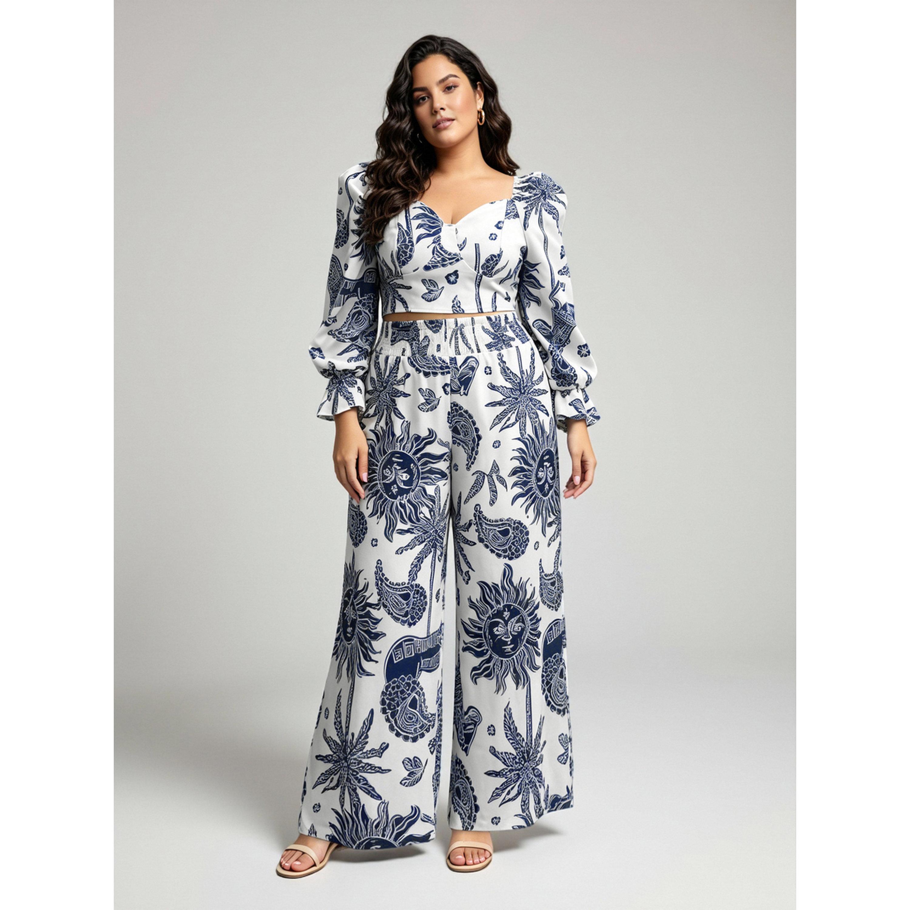 طقم من بلوزة قصيرة وطبعة جرافيك وبنطال بأرجل واسعة بمقاس كبير-women-clothing-plussize-coordsets-image-3