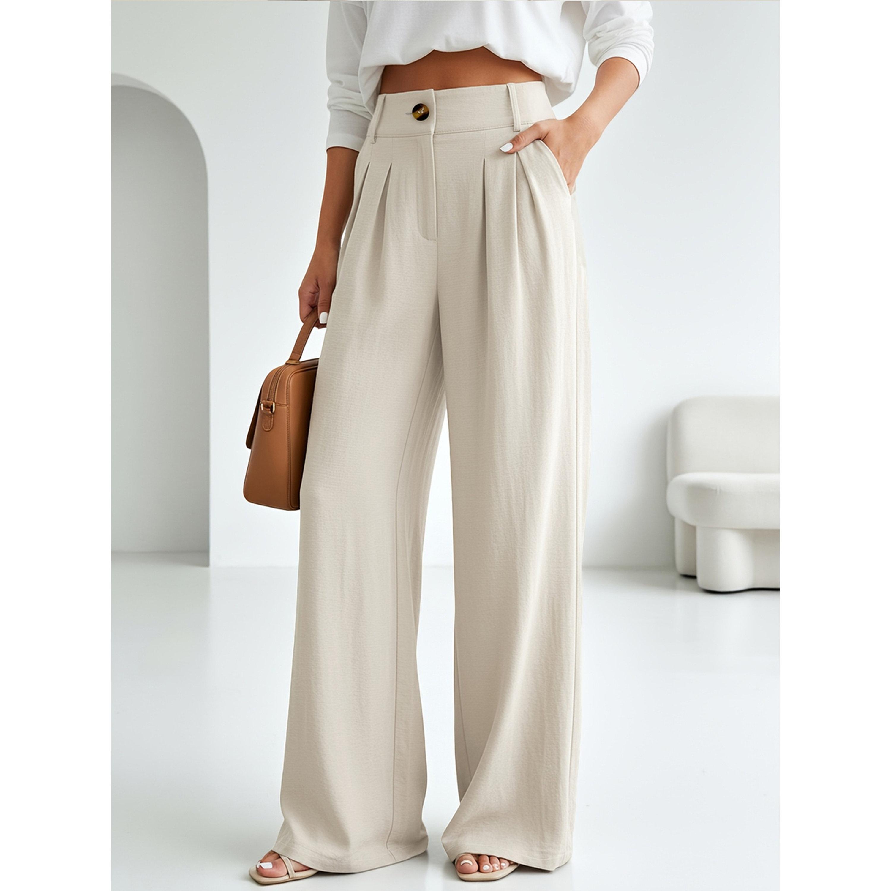بنطال بالازو بكسرات وأرجل واسعة بلون سادة-women-clothing-trousers-image-1