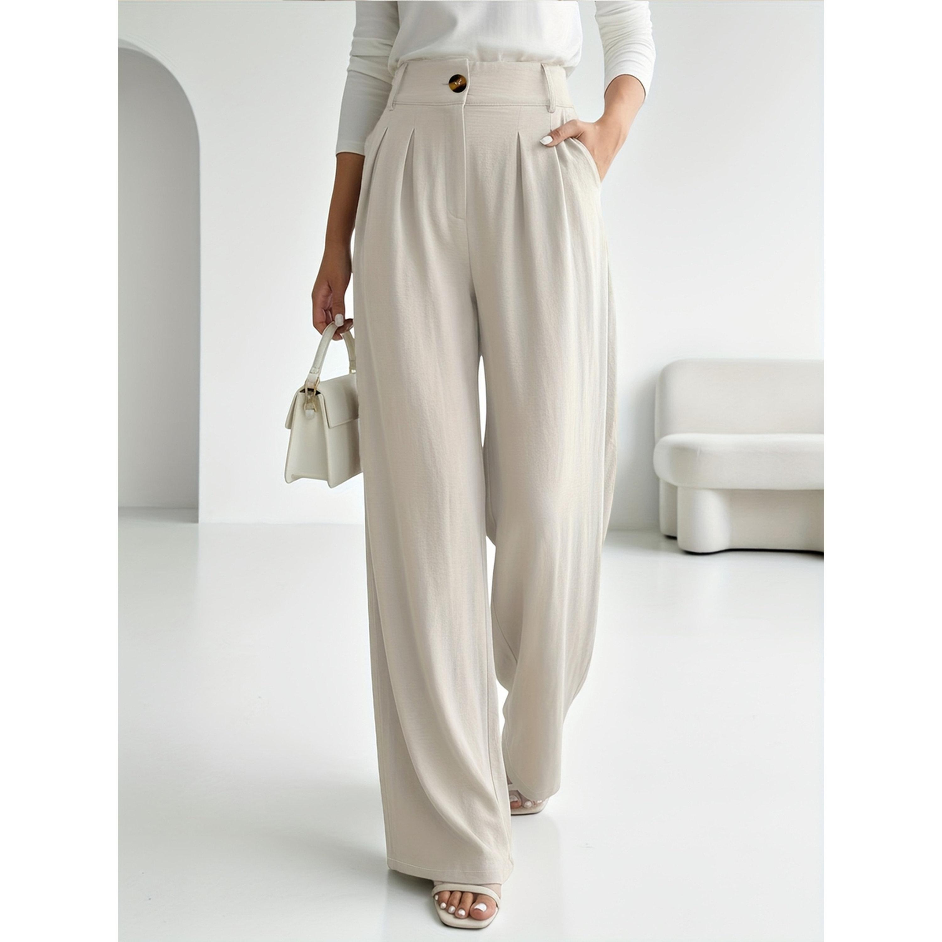 بنطال بالازو بكسرات وأرجل واسعة بلون سادة-women-clothing-trousers-image-2