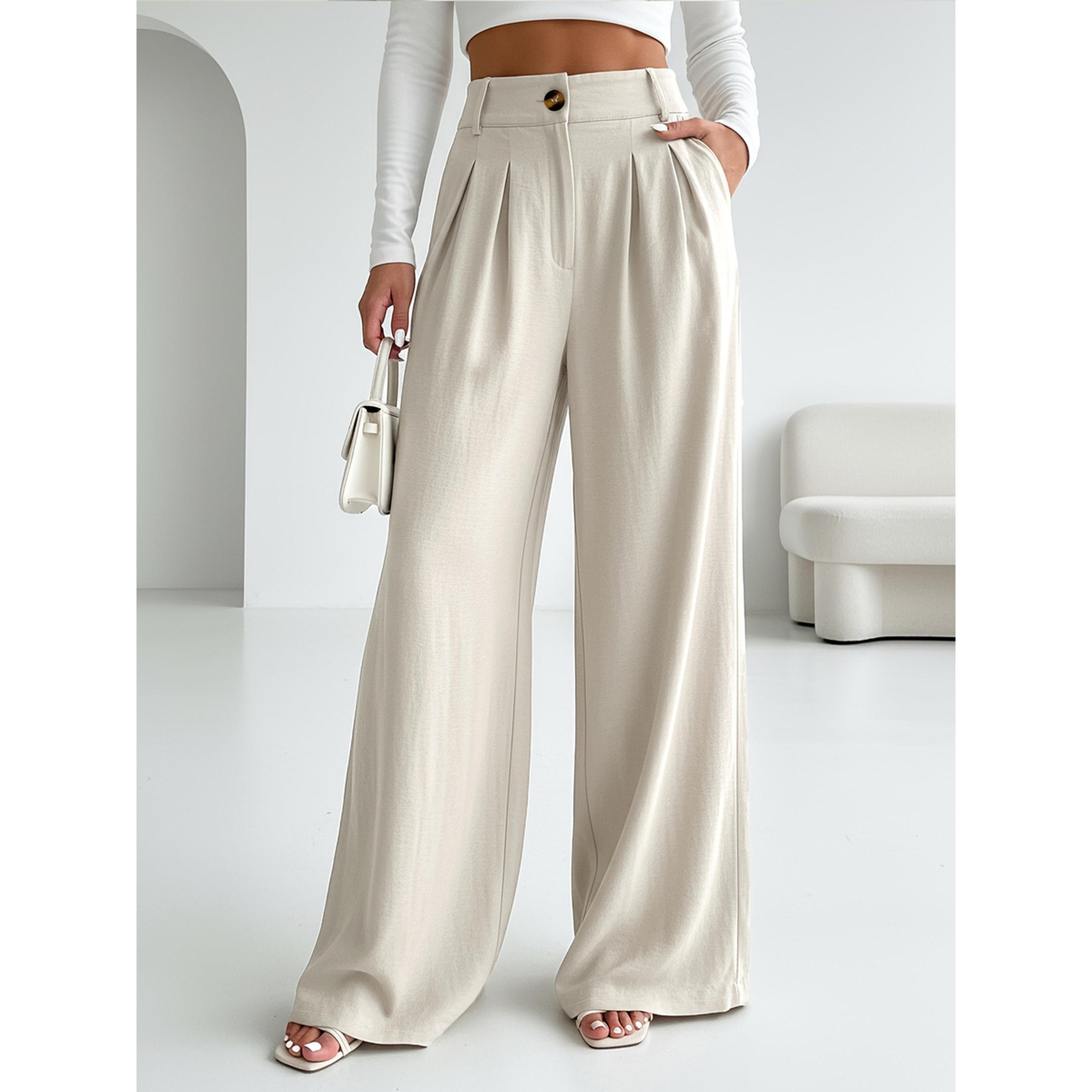 بنطال بالازو بكسرات وأرجل واسعة بلون سادة-women-clothing-trousers-image-4