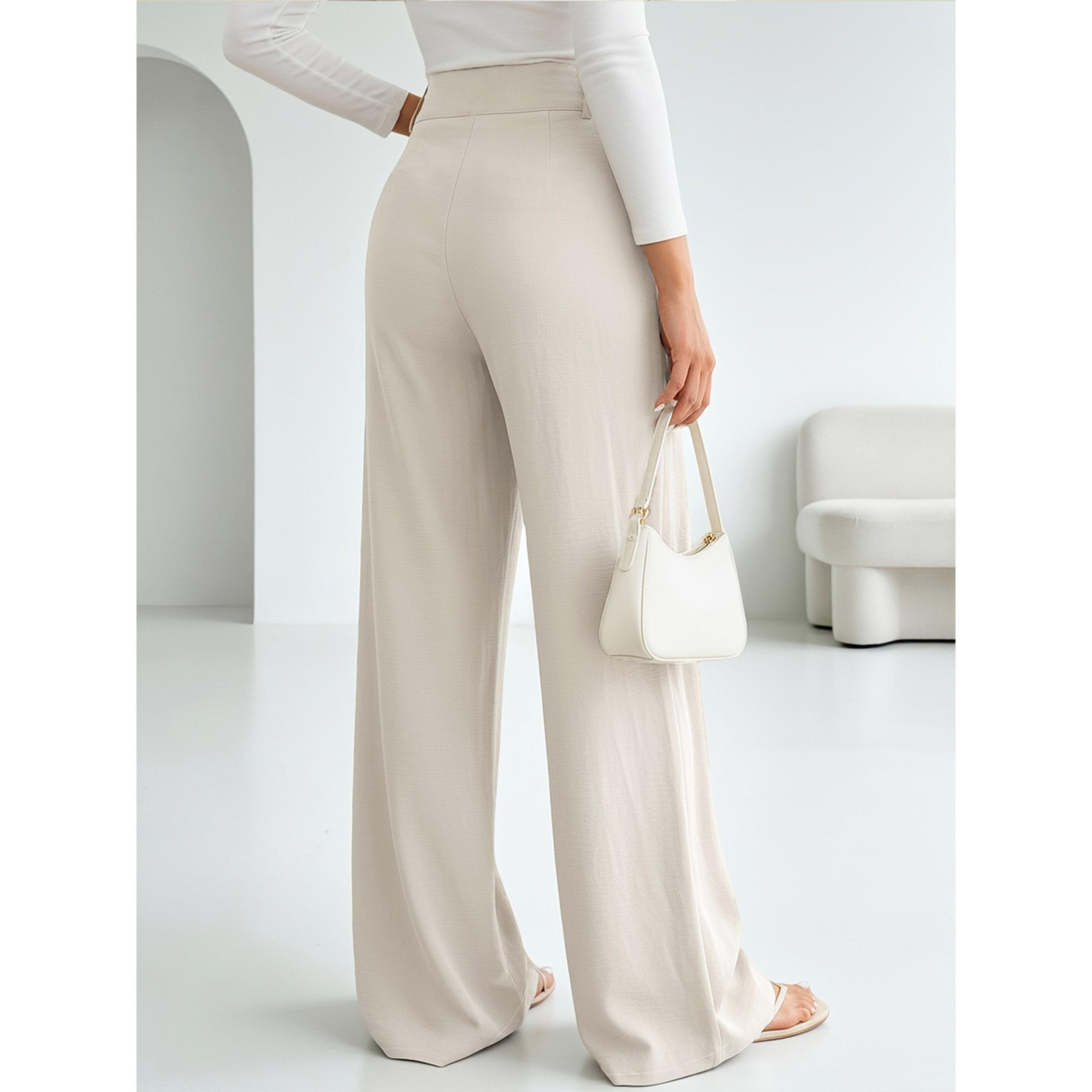 بنطال بالازو بكسرات وأرجل واسعة بلون سادة-women-clothing-trousers-image-5