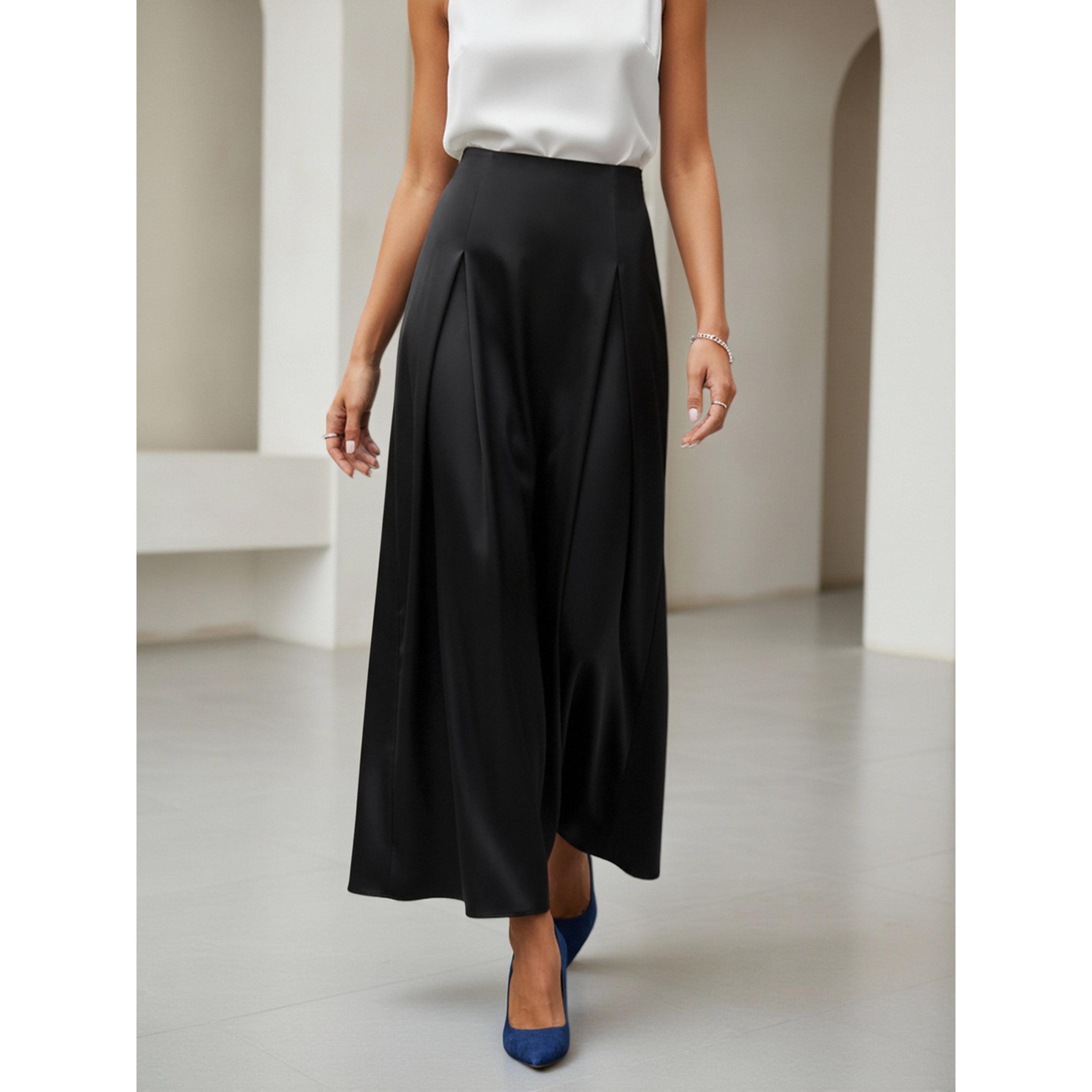 فستان طويل بحافة واسعة وسادة بتفاصيل كسرات باللون الأسود-women-clothing-skirts-image-1