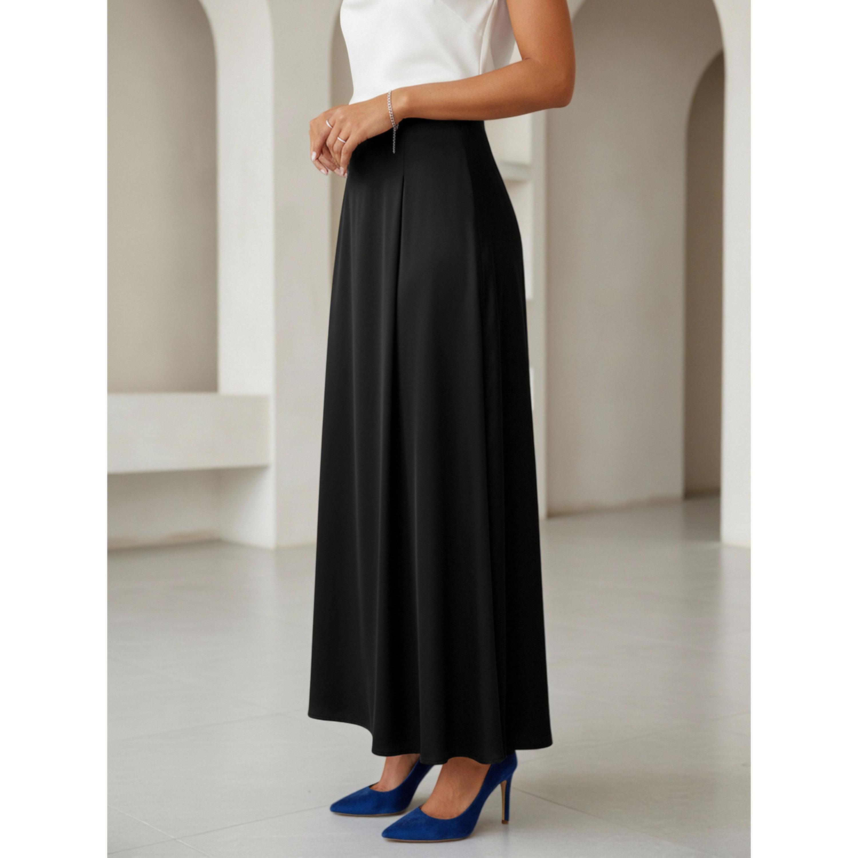 فستان طويل بحافة واسعة وسادة بتفاصيل كسرات باللون الأسود-women-clothing-skirts-image-2