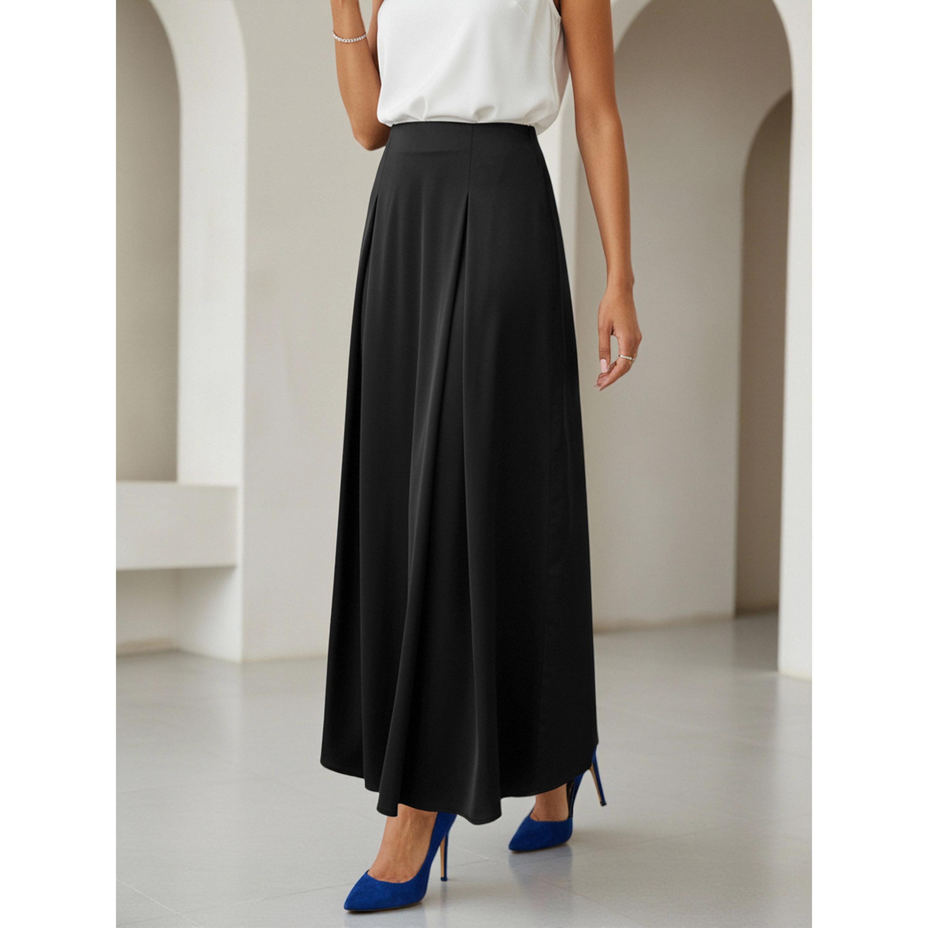 فستان طويل بحافة واسعة وسادة بتفاصيل كسرات باللون الأسود-women-clothing-skirts-image-3