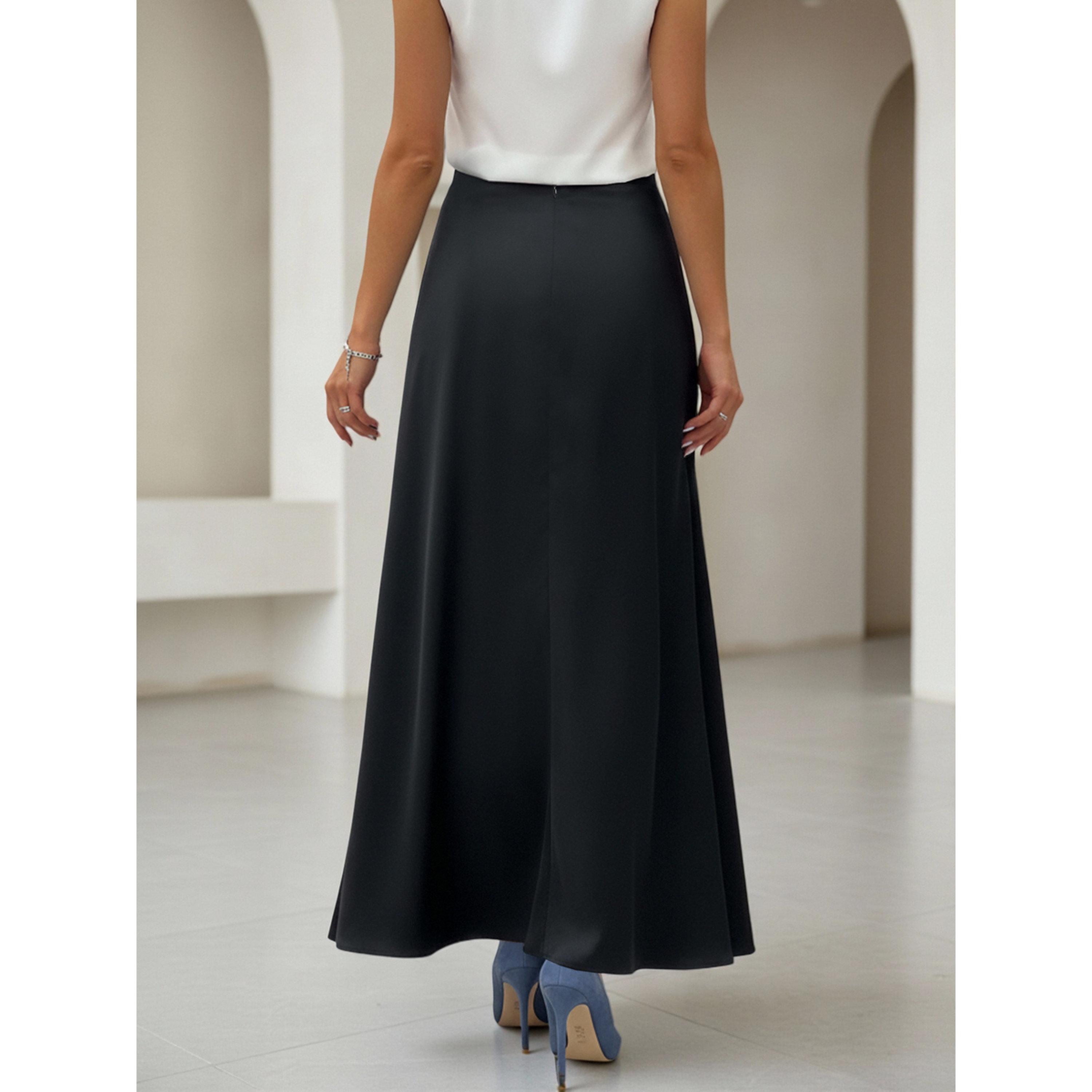فستان طويل بحافة واسعة وسادة بتفاصيل كسرات باللون الأسود-women-clothing-skirts-image-4