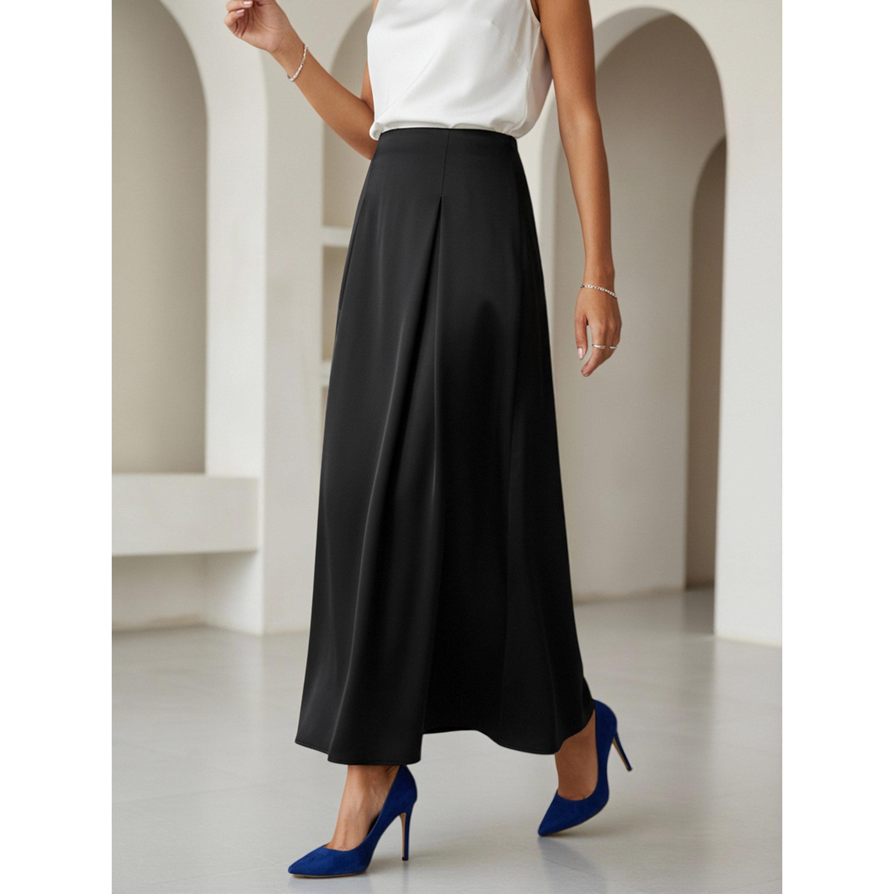 فستان طويل بحافة واسعة وسادة بتفاصيل كسرات باللون الأسود-women-clothing-skirts-image-5