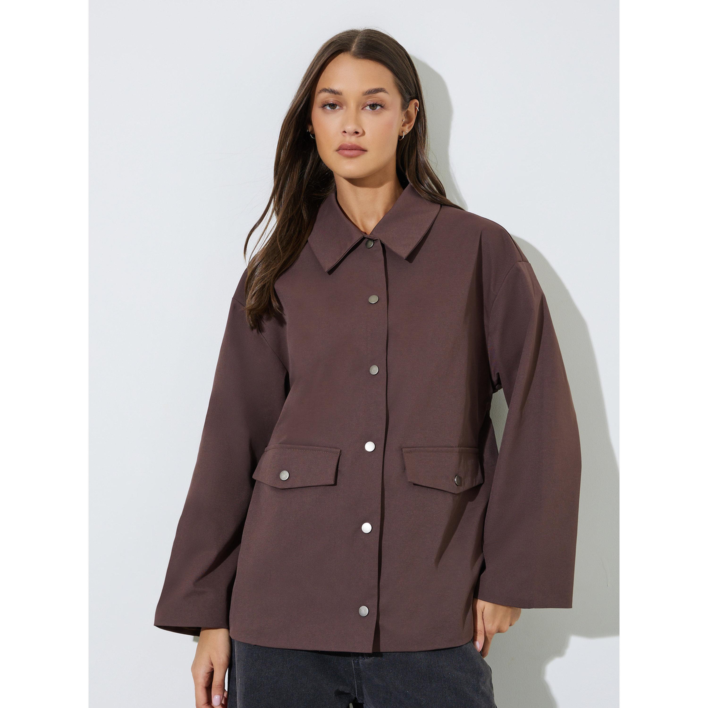Styli Brown Solid Longline Utility Jacket-women-winterwear-coatsandjackets-jackets-image-1