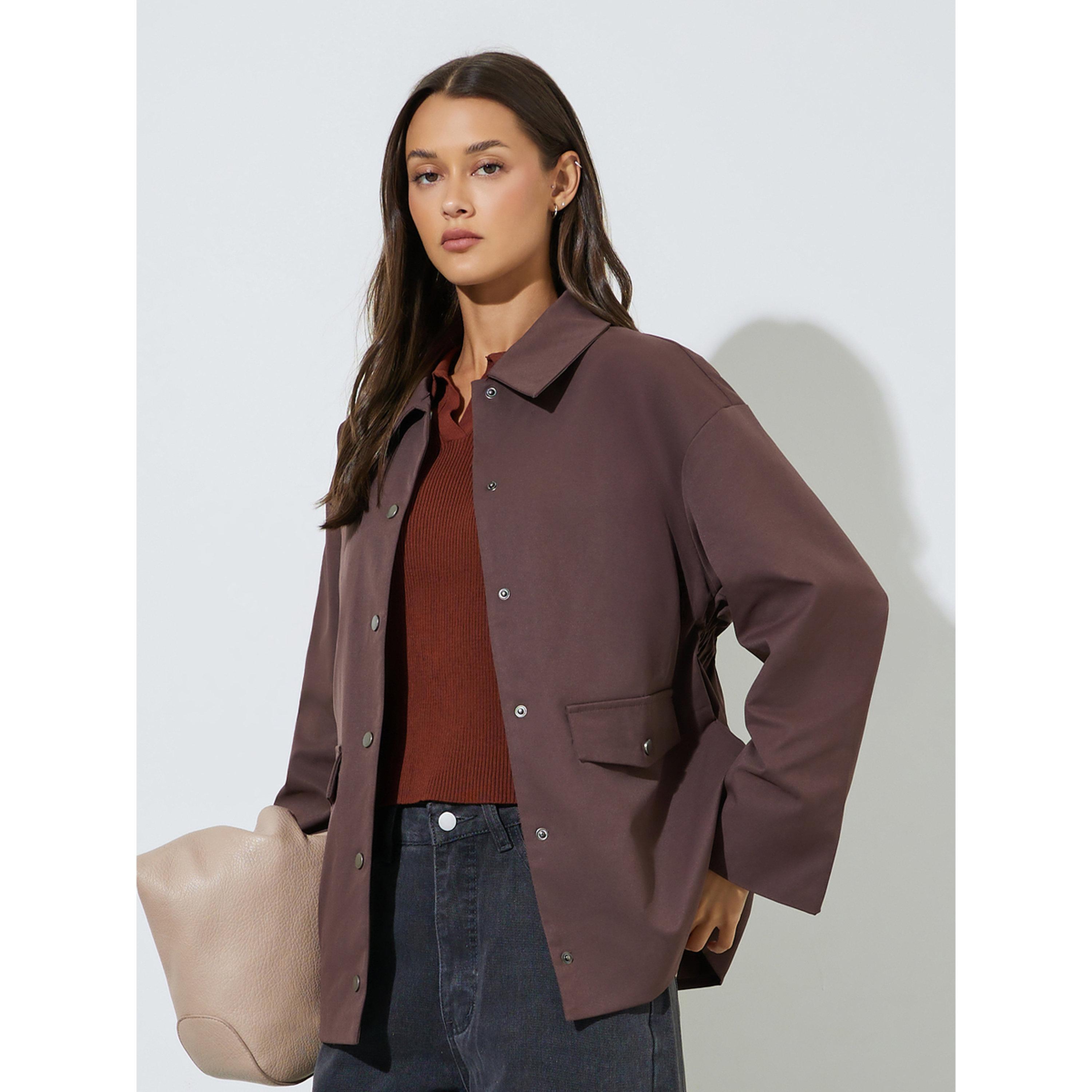 Styli Brown Solid Longline Utility Jacket-women-winterwear-coatsandjackets-jackets-image-4