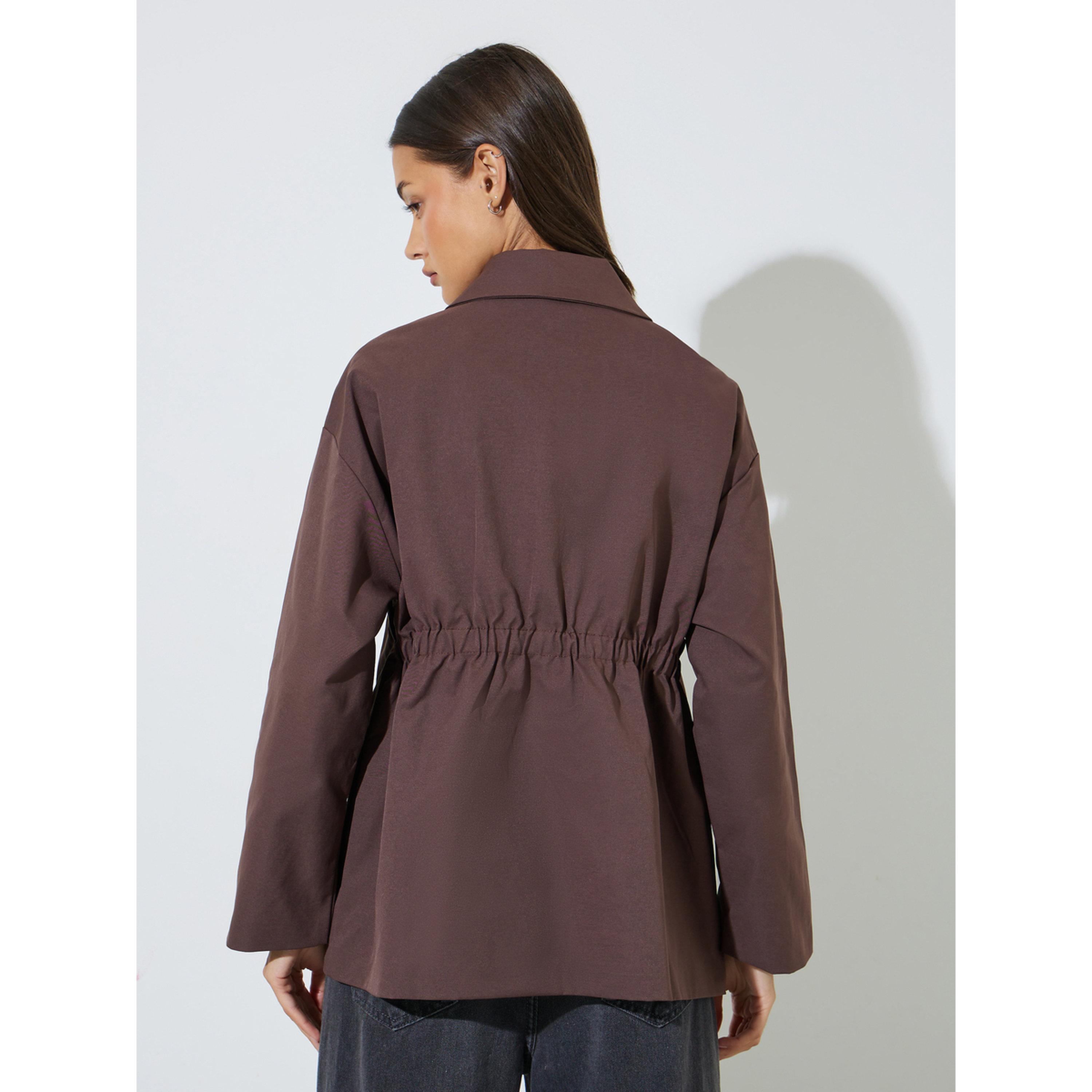 Styli Brown Solid Longline Utility Jacket-women-winterwear-coatsandjackets-jackets-image-5