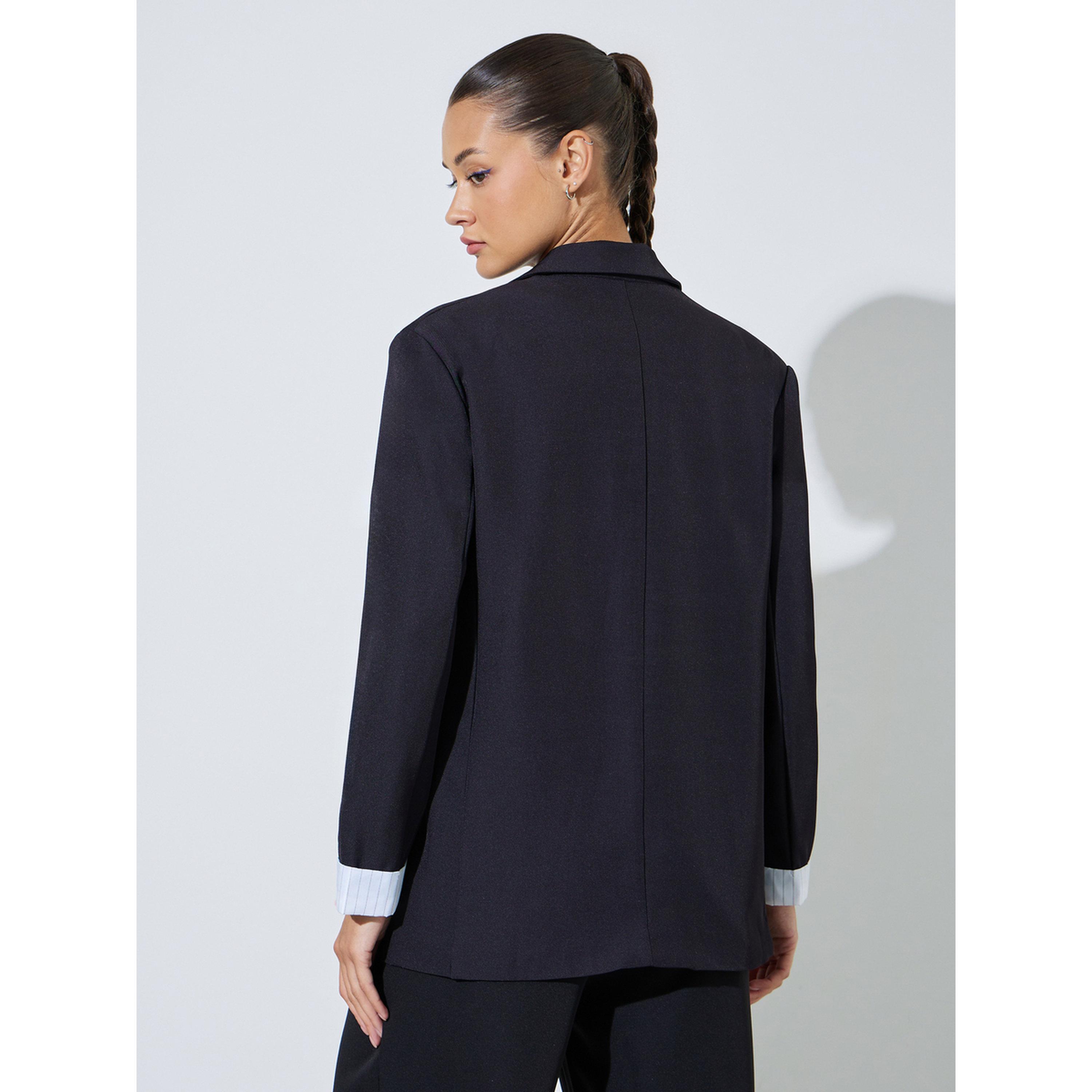 بليزر بقصة منتظمة صف أزرار واحد بتفاصيل جيوب أسود سادة-women-clothing-coatsandjackets-blazers-image-5