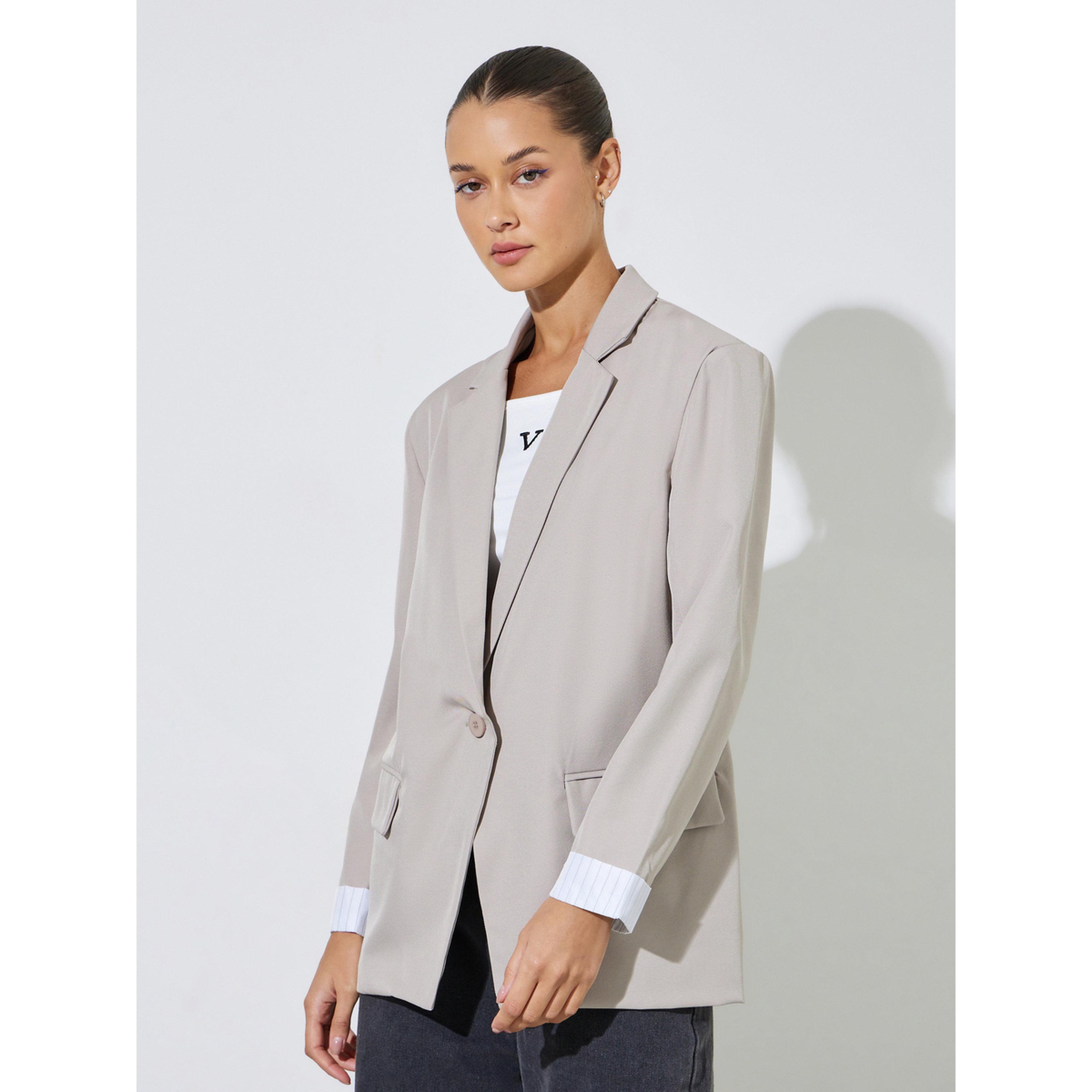 بليزر بقصة منتظمة صف أزرار واحد بتفاصيل جيوب بيج سادة-women-clothing-coatsandjackets-blazers-image-1