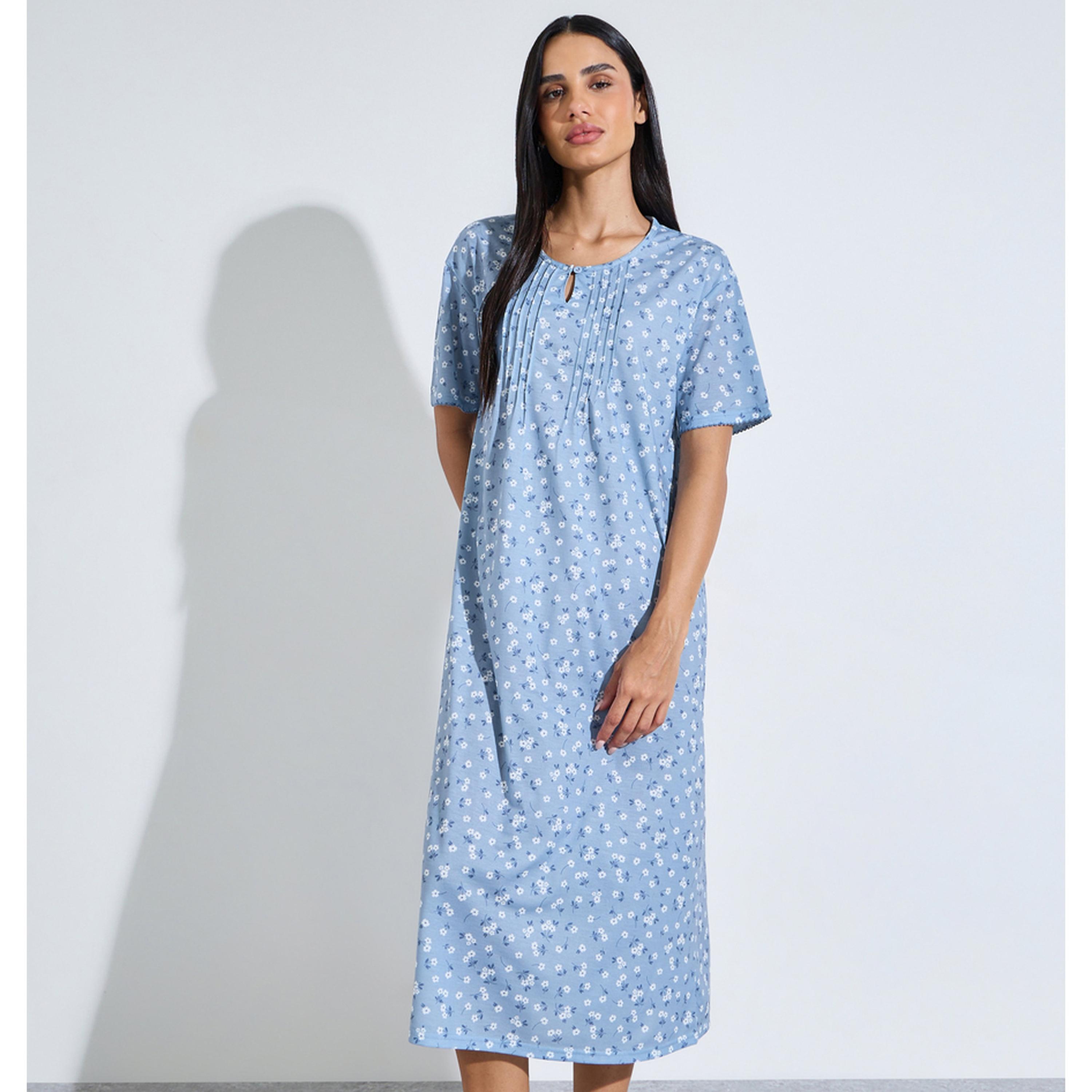 Styli Blue All Over Floral Print Pleated Details Sleep T-Shirt Nightdress-women-clothing-nightwear-nighties-image-1