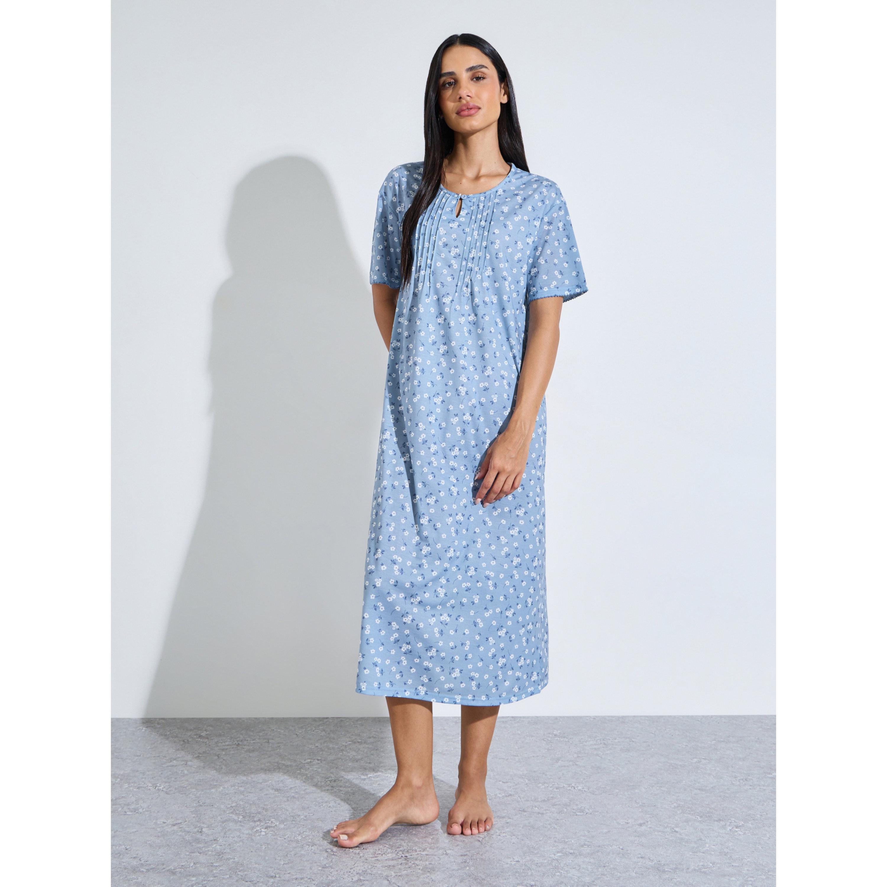 Styli Blue All Over Floral Print Pleated Details Sleep T-Shirt Nightdress-women-clothing-nightwear-nighties-image-2