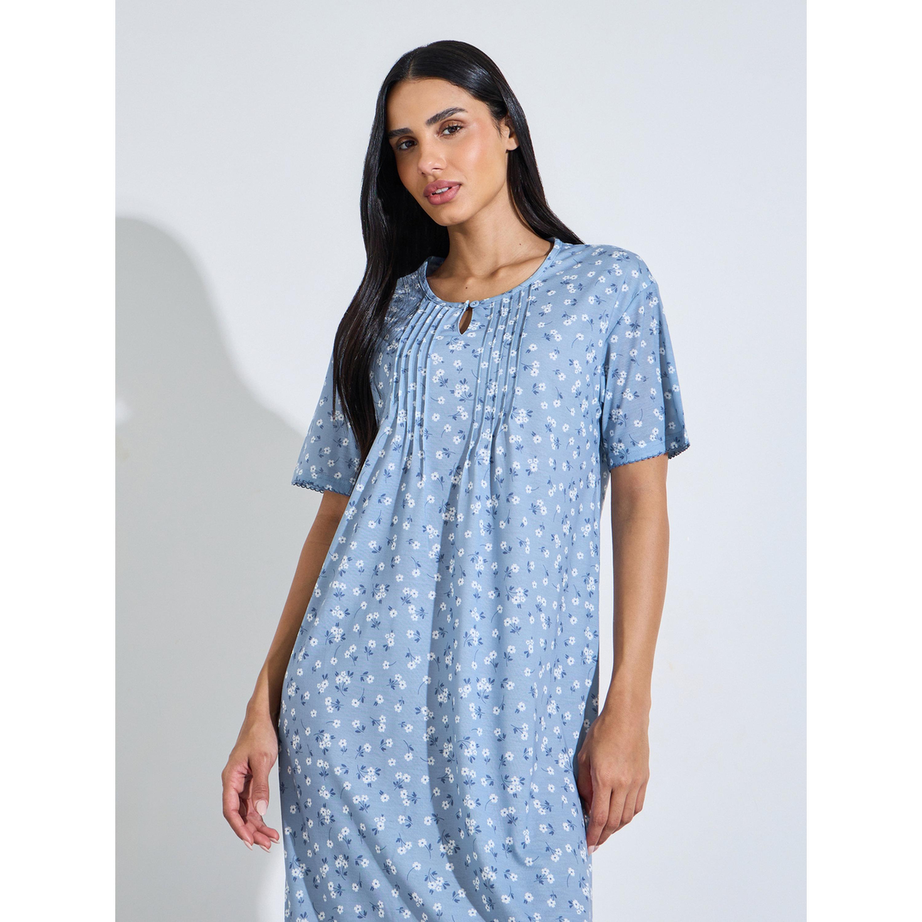 Styli Blue All Over Floral Print Pleated Details Sleep T-Shirt Nightdress-women-clothing-nightwear-nighties-image-3