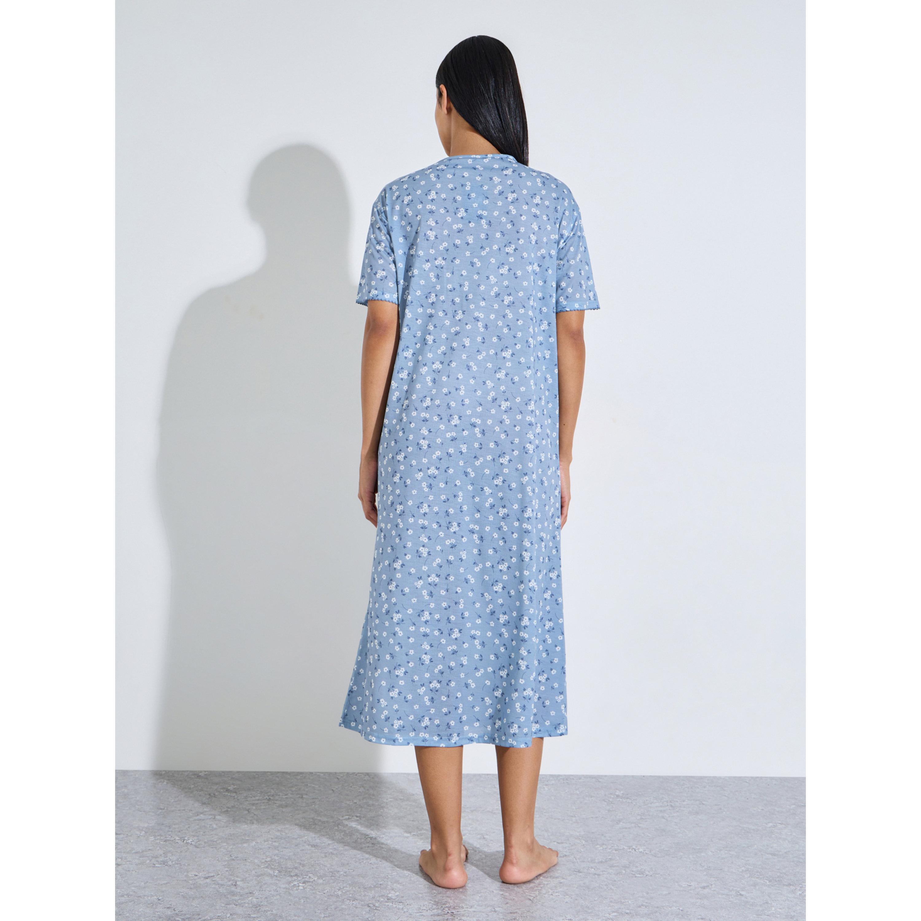 Styli Blue All Over Floral Print Pleated Details Sleep T-Shirt Nightdress-women-clothing-nightwear-nighties-image-4